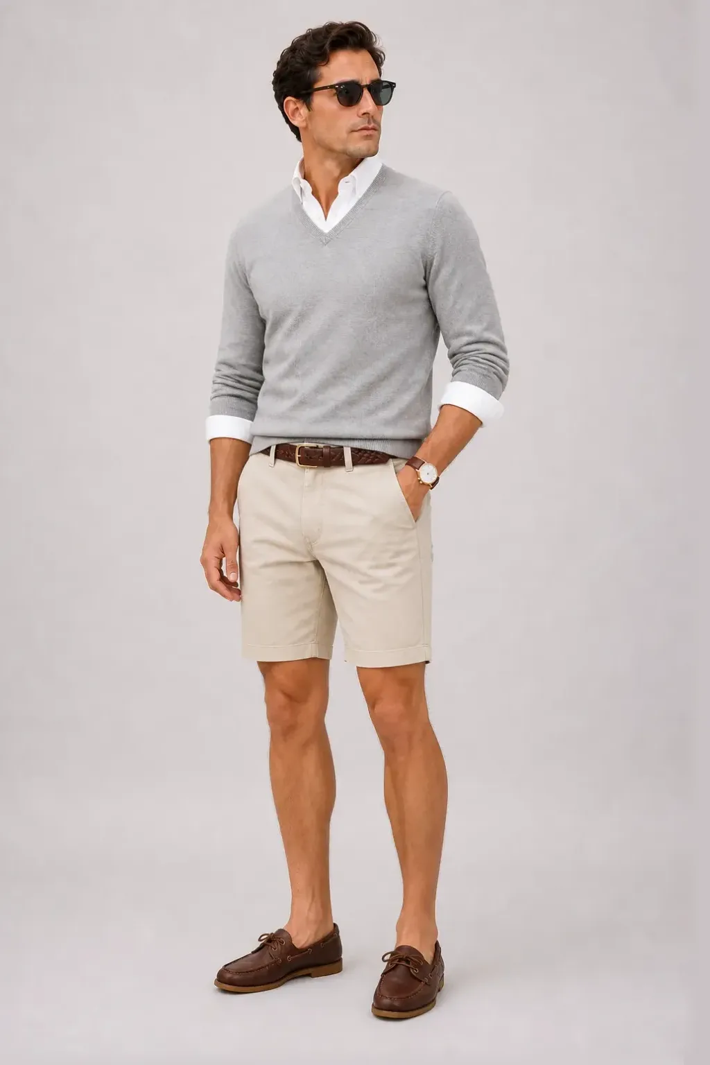 V-Neck-Pullover Feinstrick Hellgrau über Button-Down-Hemd, dazu Chino-Shorts Beige und Sneaker — Bootsschuh Dunkelbraun