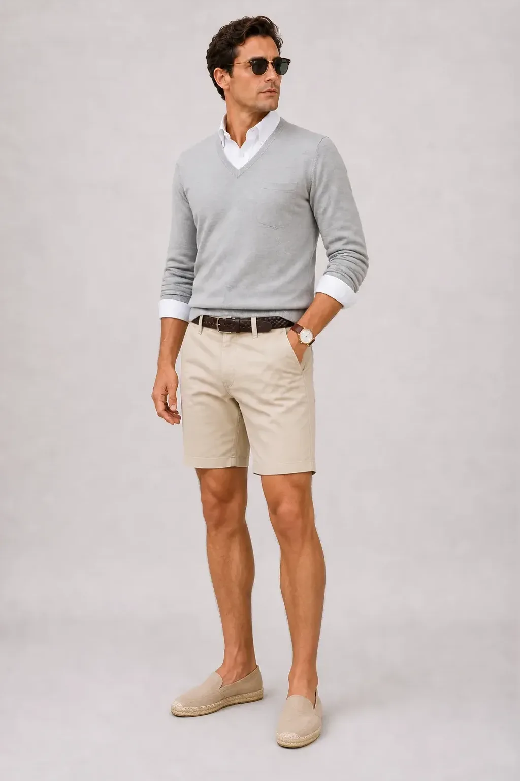 V-Neck-Pullover Feinstrick Hellgrau über Button-Down-Hemd, dazu Chino-Shorts Beige und Sneaker — Espadrille Beige