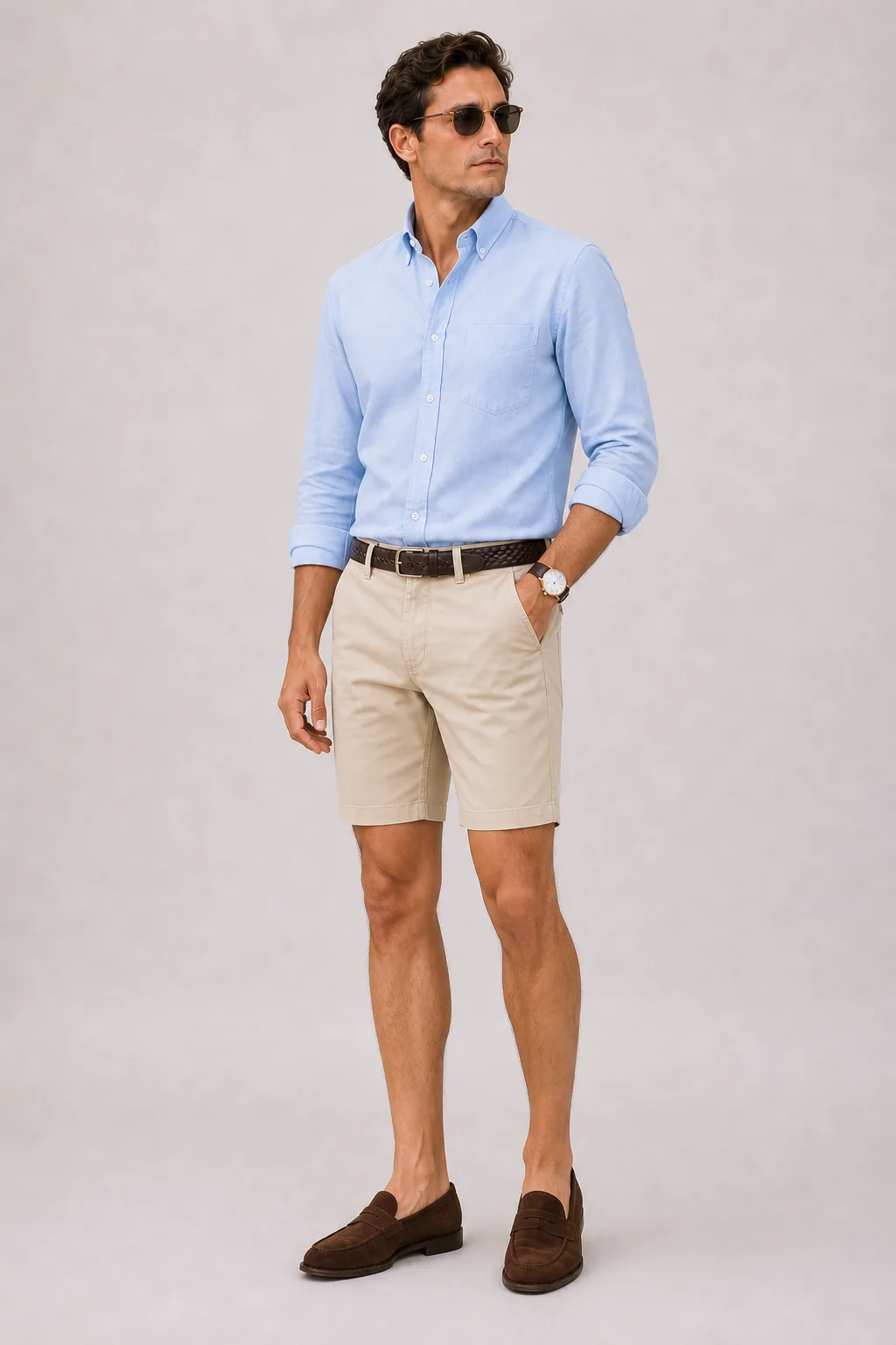 Button-Down-Hemd Hellblau, dazu Chino-Shorts Beige und Penny Loafer Wildleder