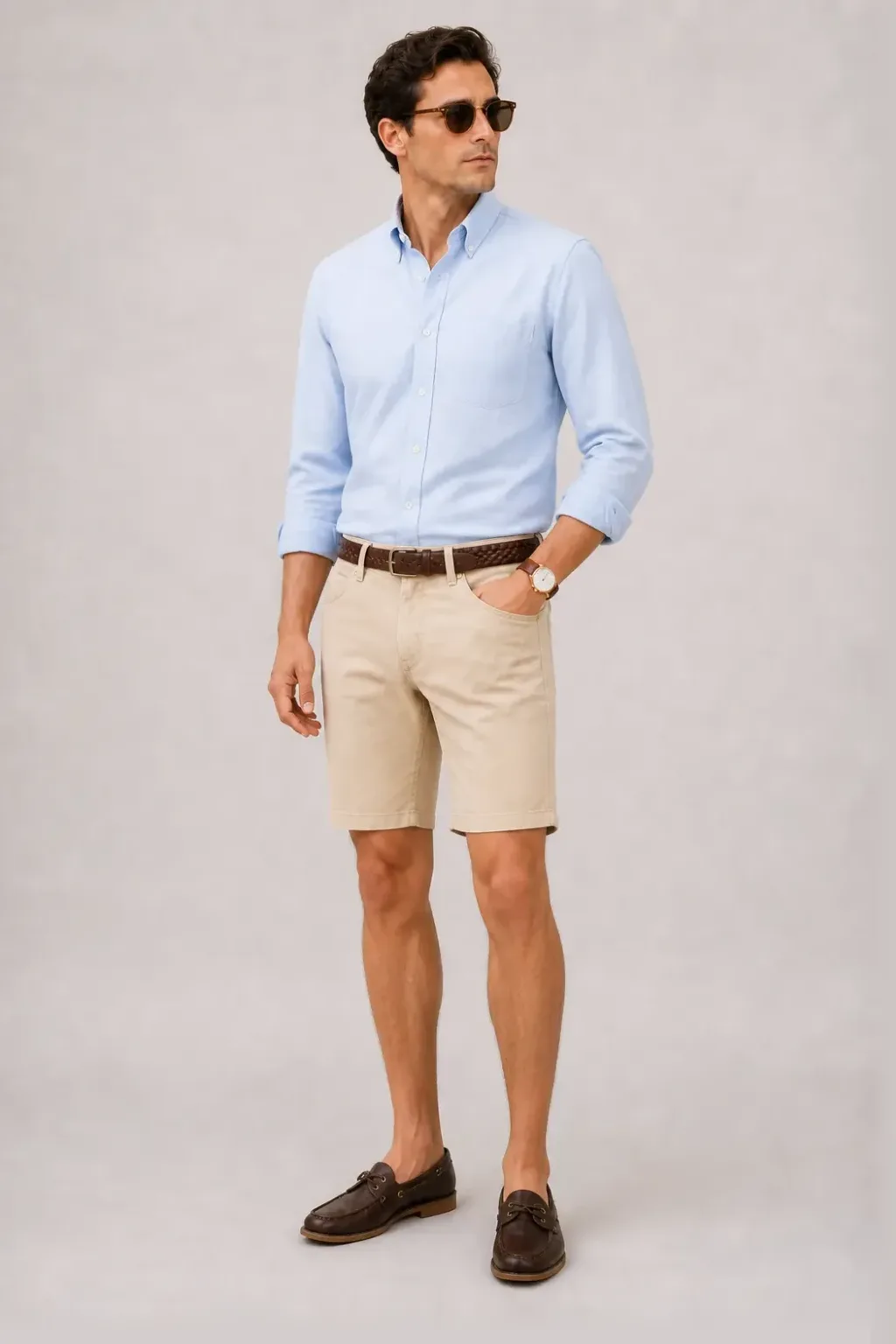 Button-Down-Hemd Hellblau, dazu Chino-Shorts Beige und Penny Loafer Wildleder