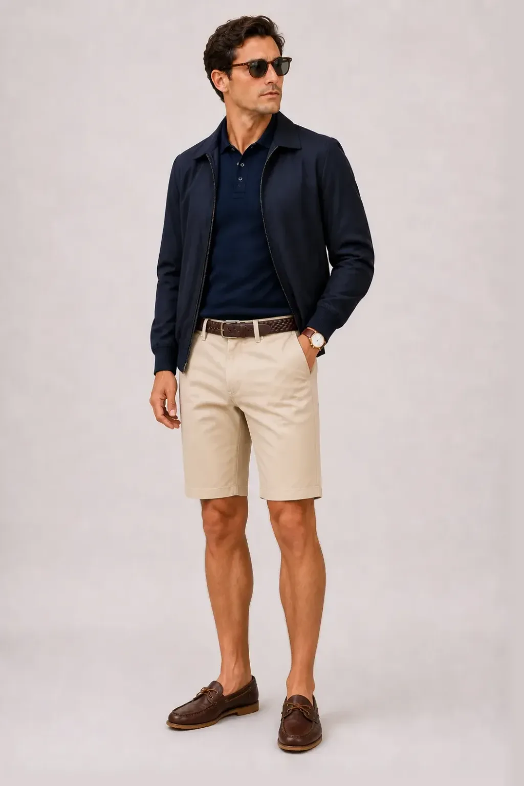 Harrington Blouson Navy über Strickpolo, dazu Chino-Shorts Beige und Bootsschuh