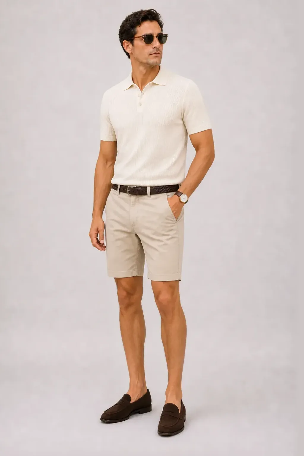 Strickpolo Ecru, dazu Chino-Shorts Beige und Penny Loafer Wildleder