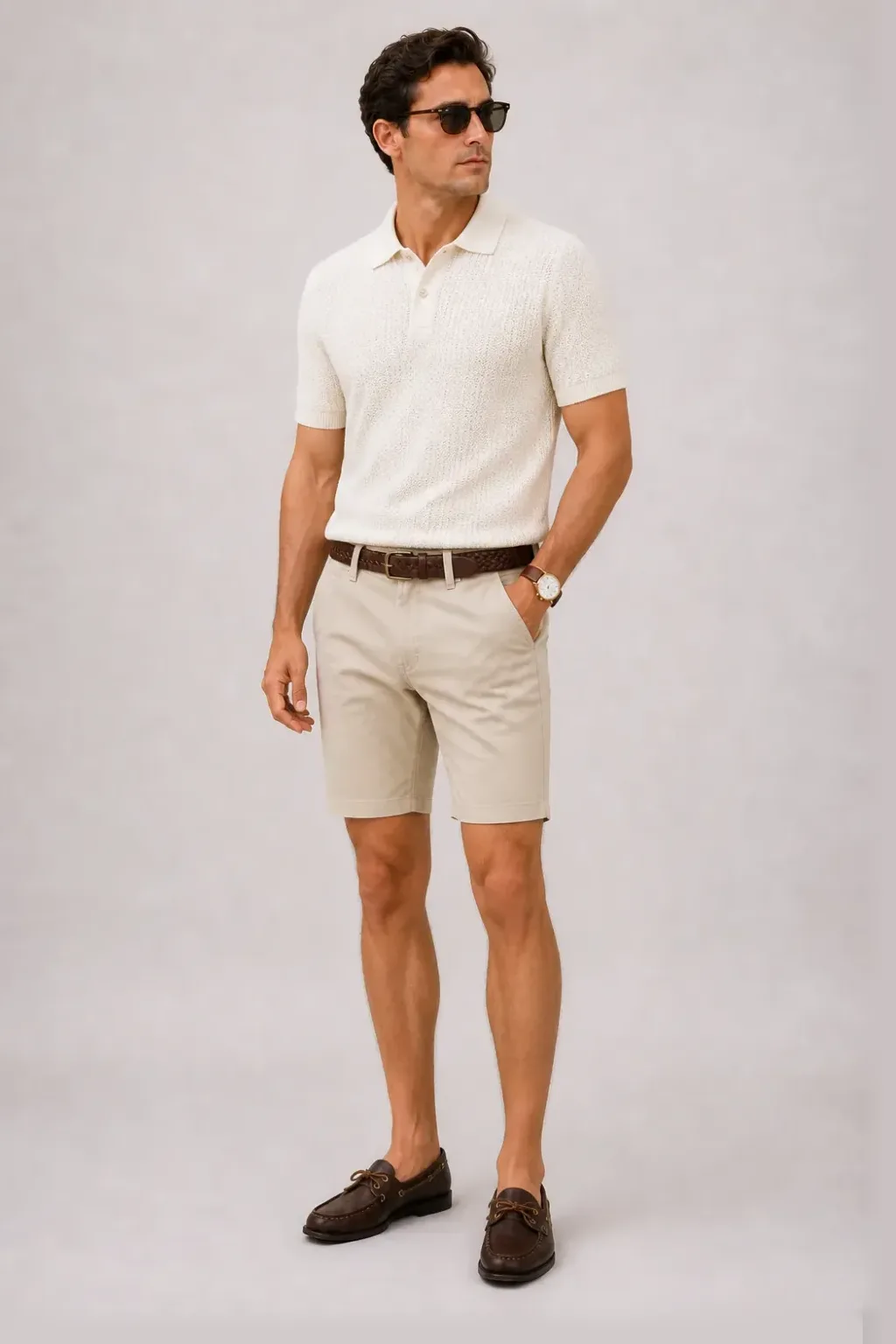 Strickpolo Ecru, dazu Chino-Shorts Beige und Penny Loafer Wildleder