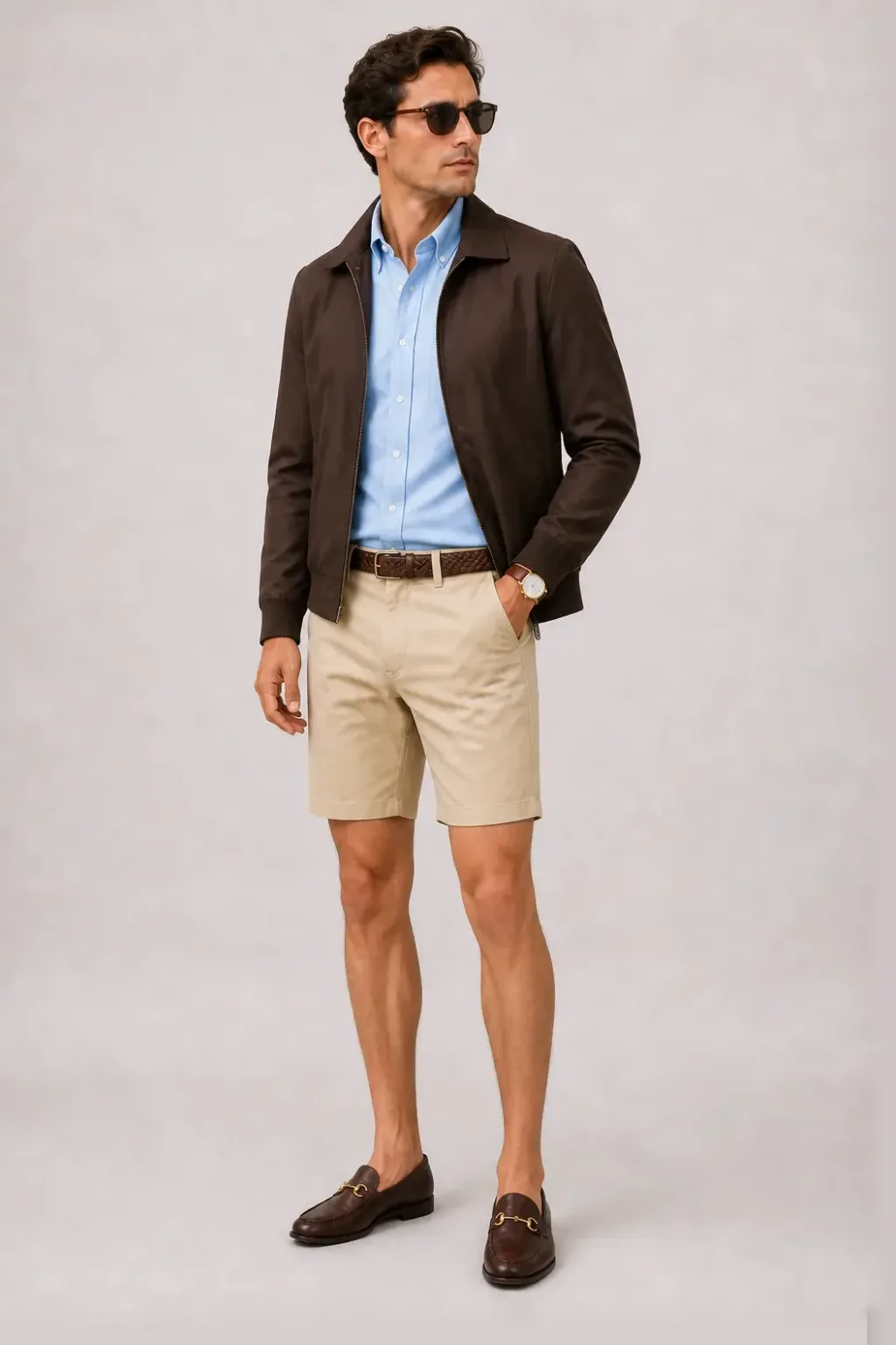 Harrington Blouson Dunkelbraun über Button-Down-Hemd, dazu Chino-Shorts Beige und Horsebit Loafer