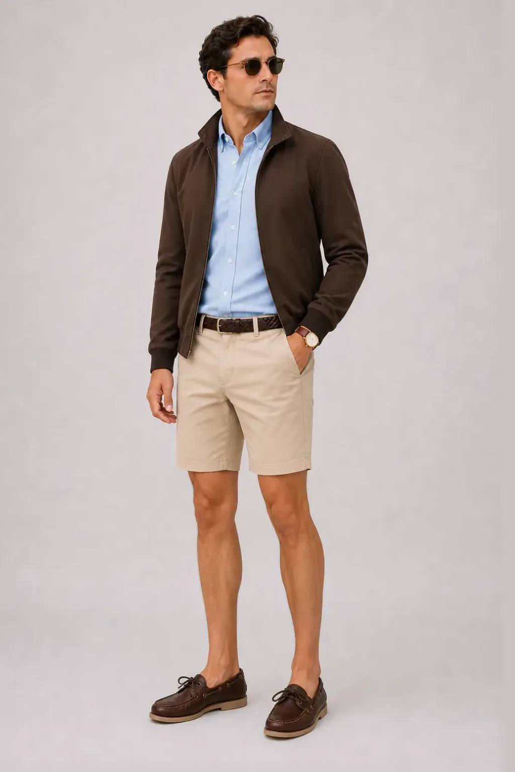 Harrington Blouson Dunkelbraun über Button-Down-Hemd, dazu Chino-Shorts Beige und Horsebit Loafer