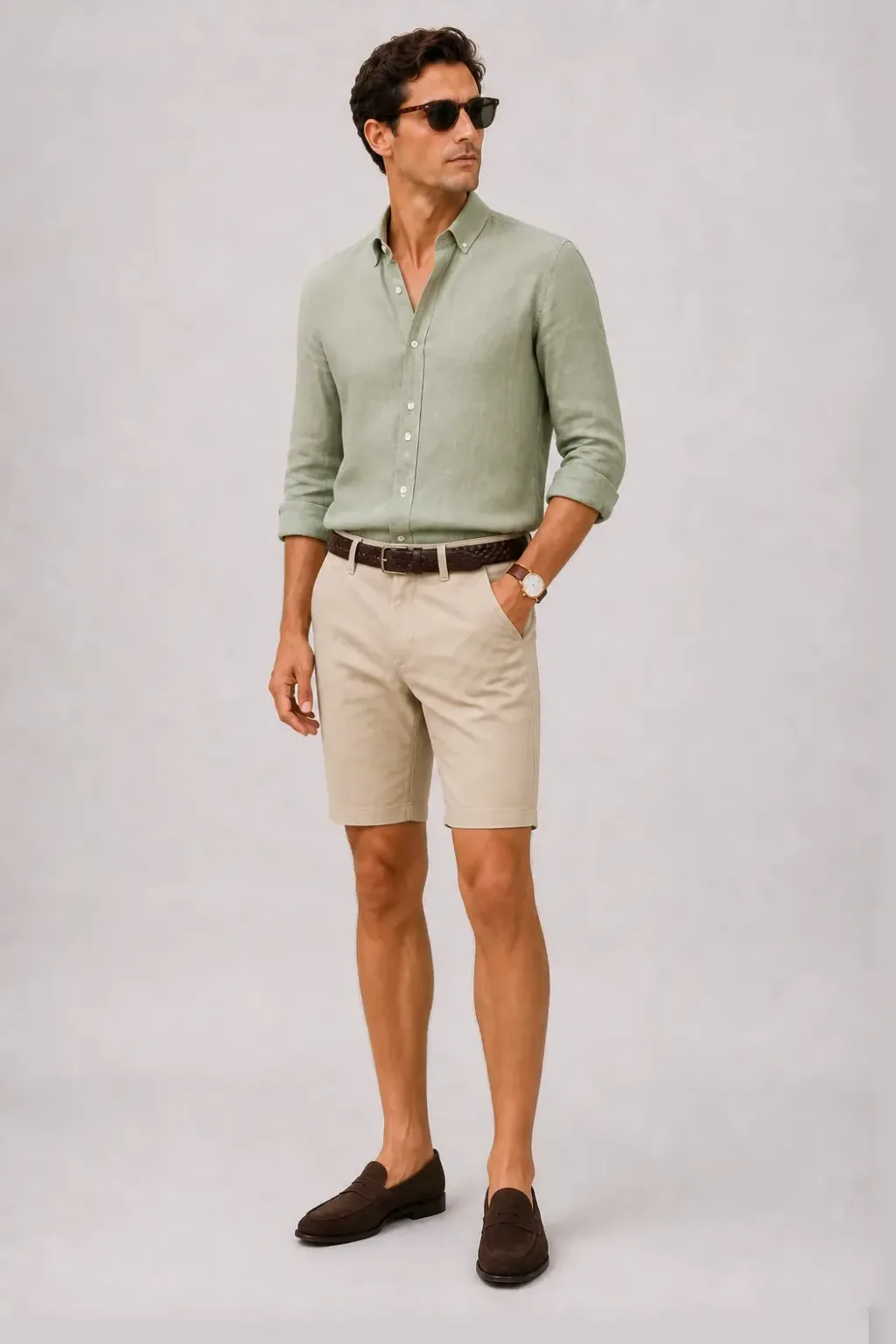 Leinenhemd Salbei, dazu Chino-Shorts Beige und Penny Loafer Wildleder
