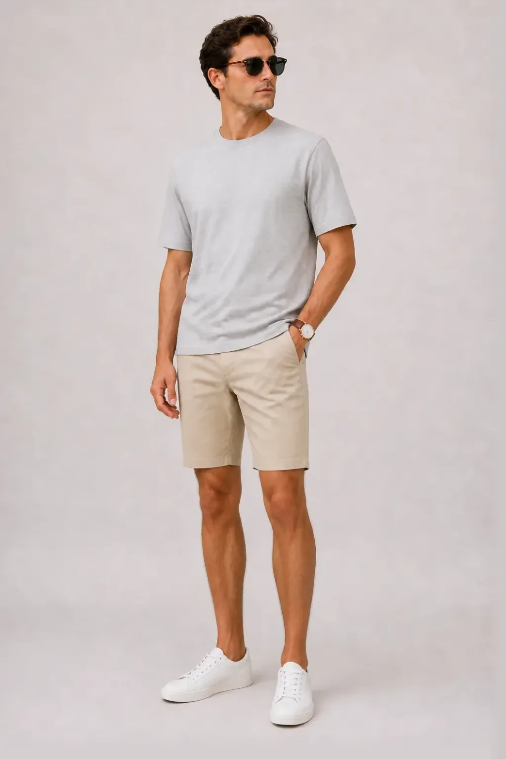 T-Shirt Weiss, dazu Chino-Shorts Beige und Sneaker — T-Shirt Hellgrau