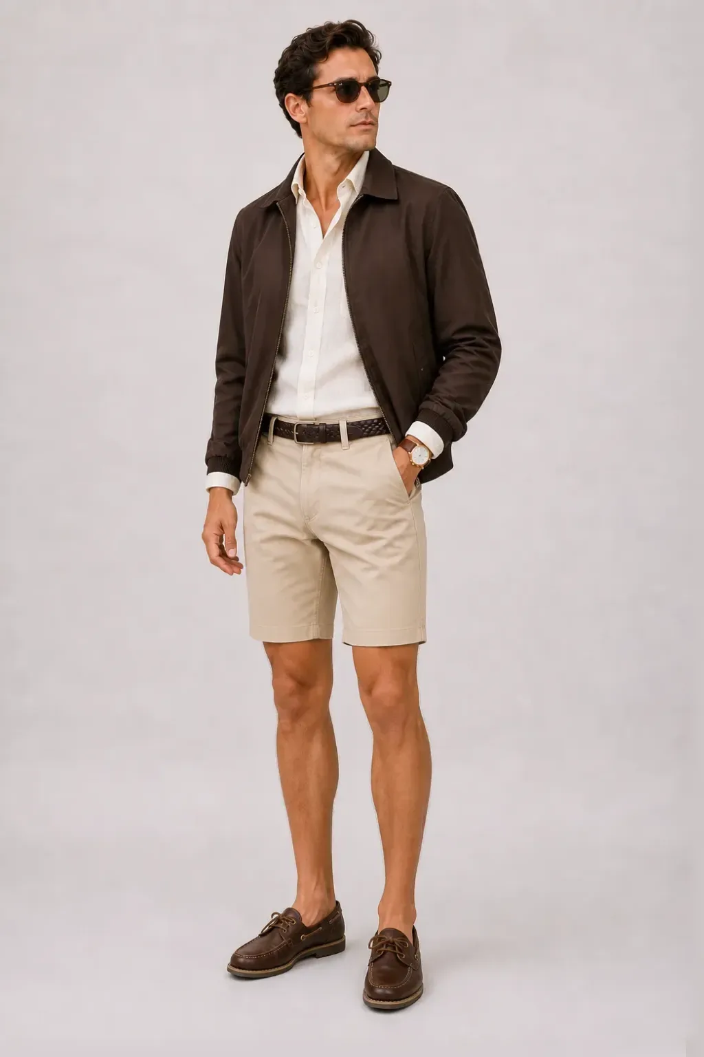 Harrington Blouson Dunkelbraun über T-Shirt Oliv, dazu Chino-Shorts Beige und Bootsschuh — Leinenhemd Off-White