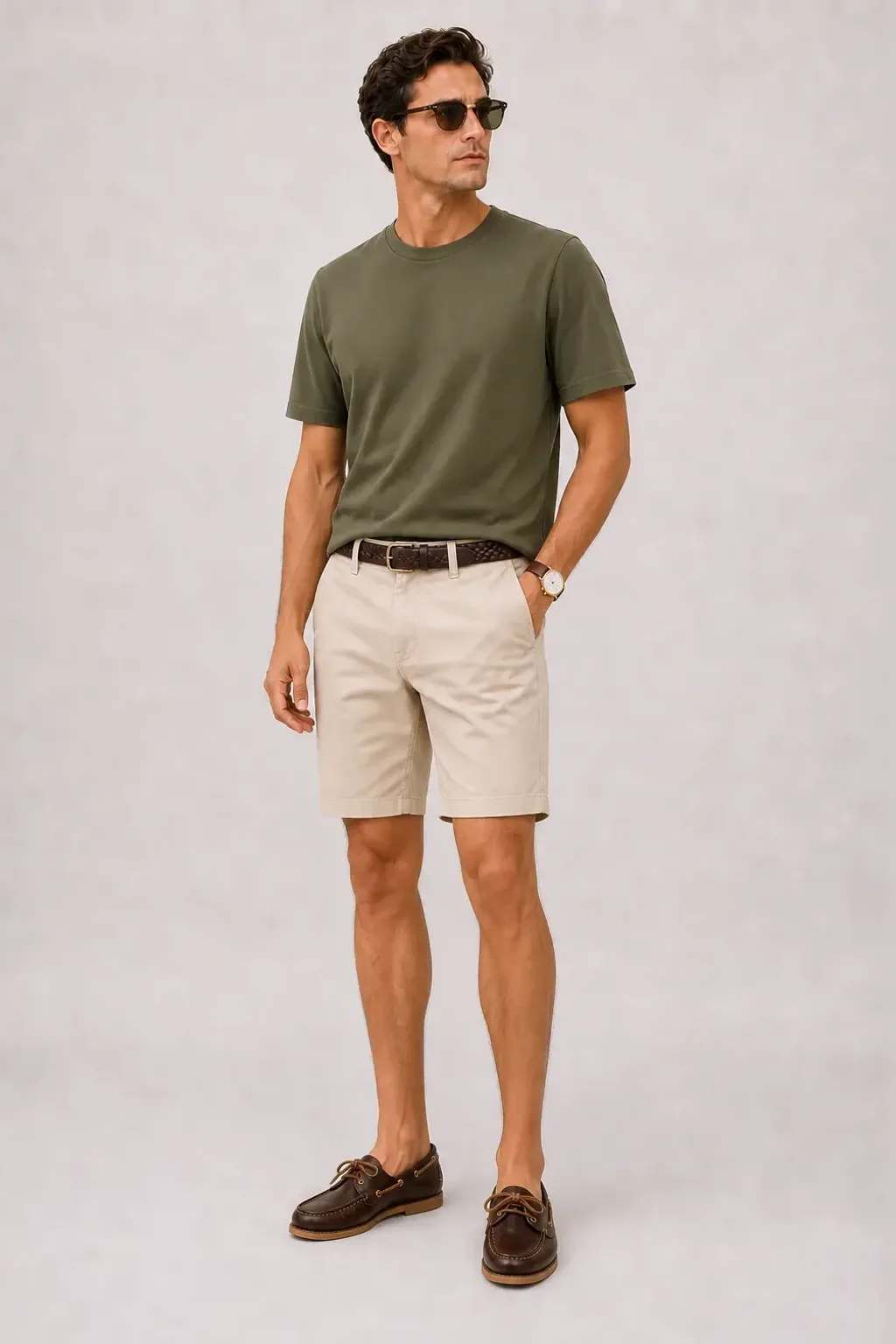 T-Shirt Oliv, dazu Chino-Shorts Beige und Bootsschuh