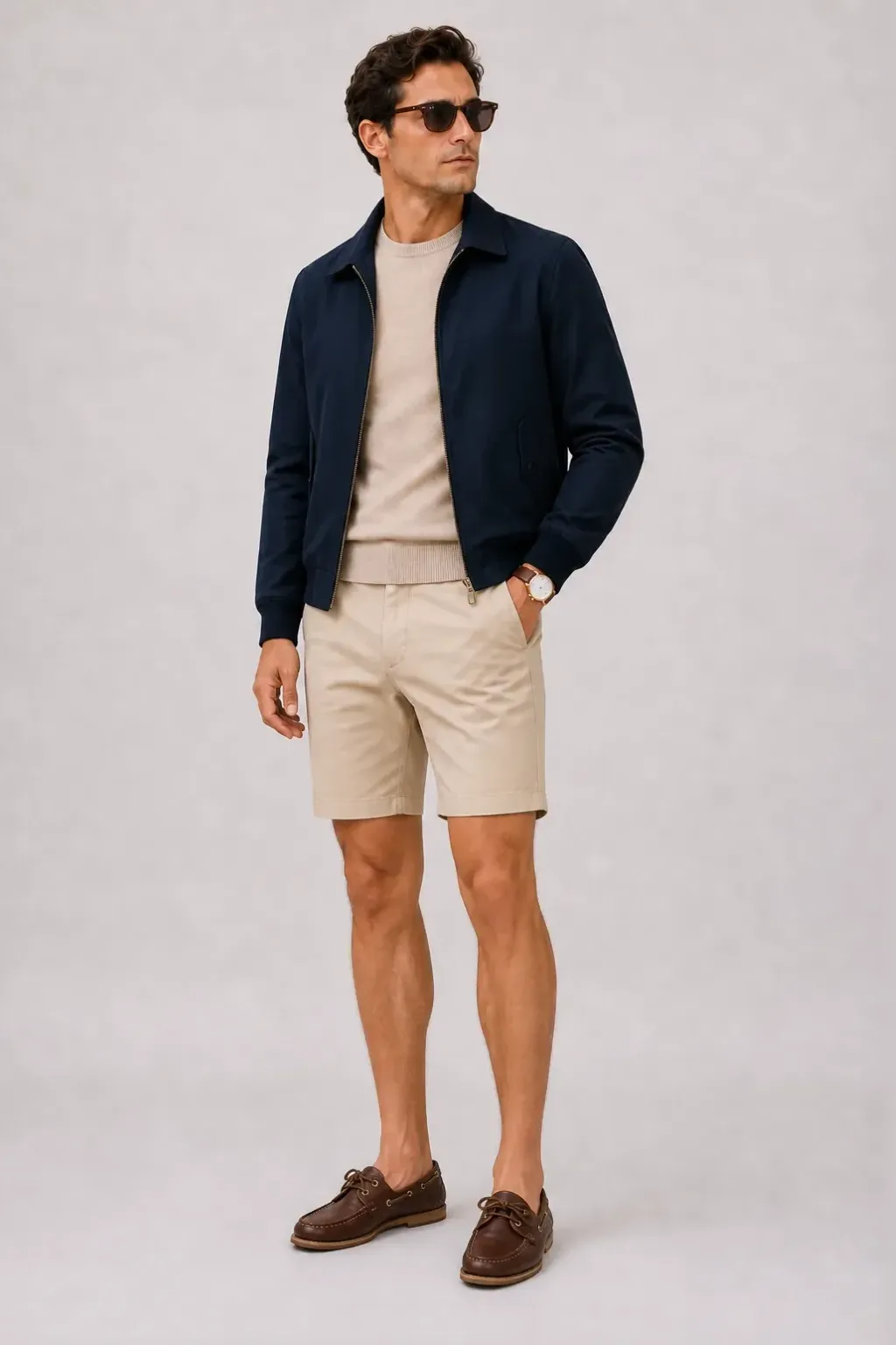 Harrington Blouson Navy über T-Shirt, dazu Chino-Shorts Beige und Bootsschuh — Crewneck-Pullover Feinstrick Beige