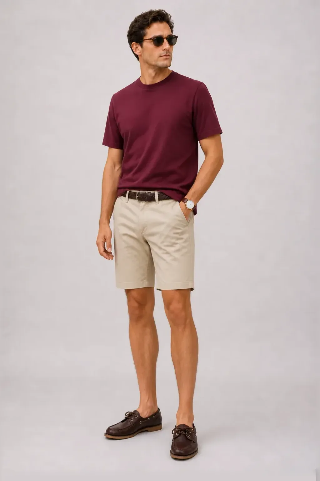 T-Shirt Bordeaux, dazu Chino-Shorts Beige und Bootsschuh