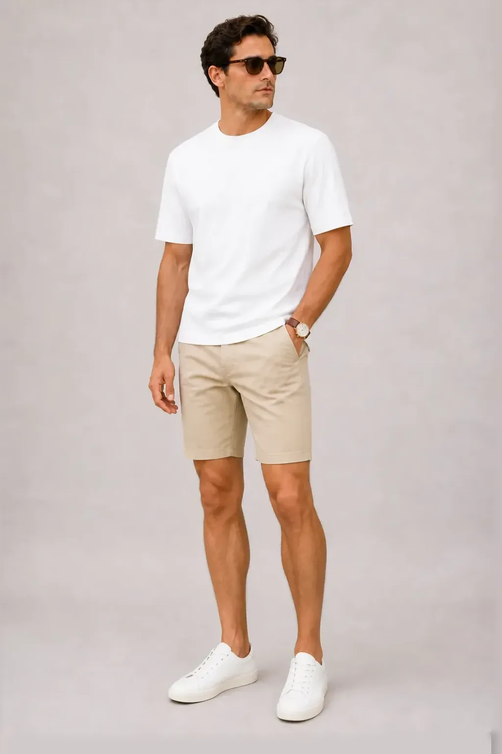 T-Shirt Weiss, dazu Chino-Shorts Beige und Sneaker