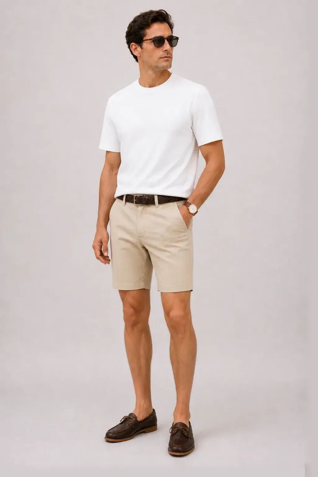 T-Shirt Weiss, dazu Chino-Shorts Beige und Sneaker