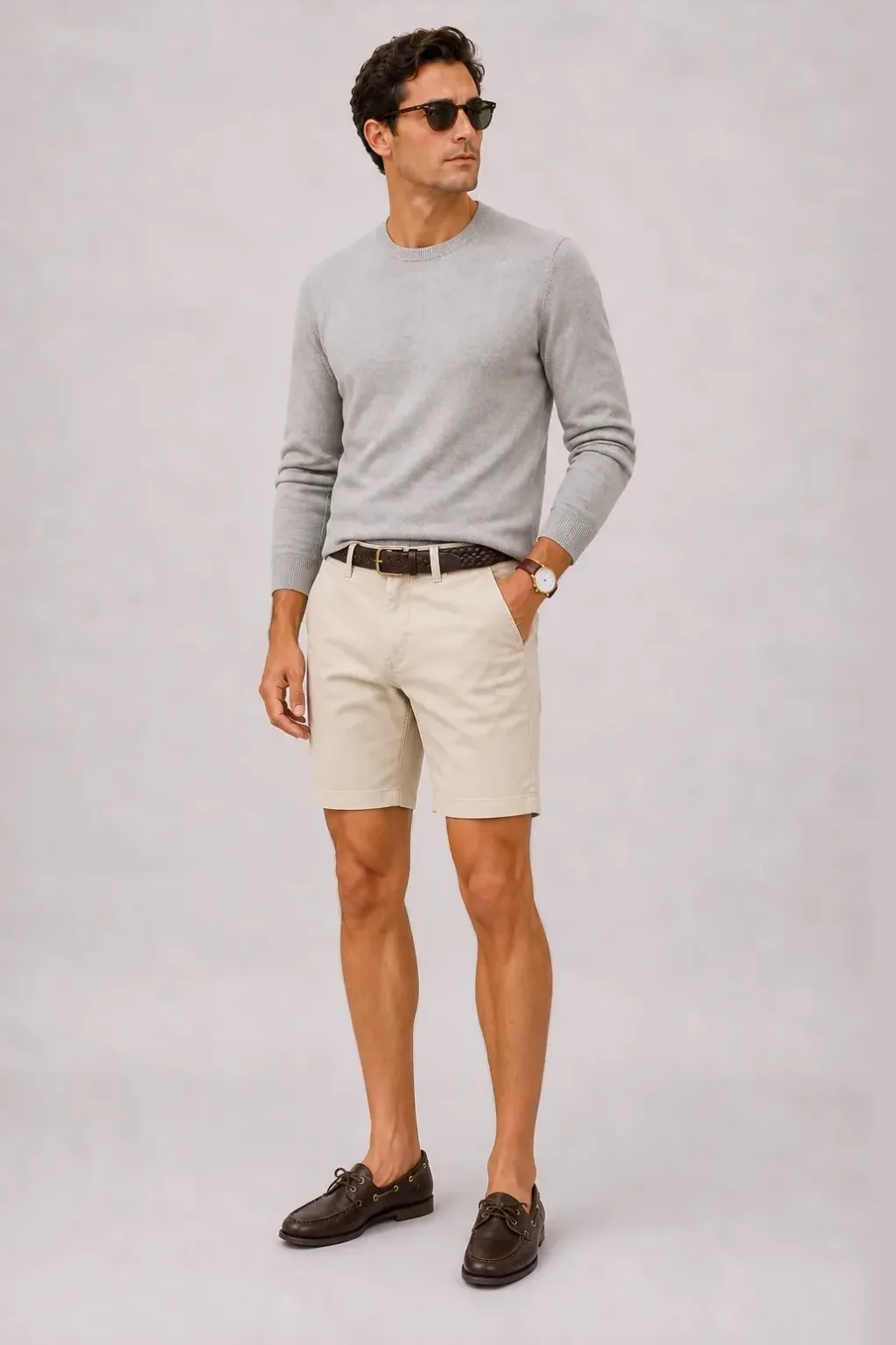 Crewneck-Pullover Feinstrick Hellgrau, dazu Chino-Shorts Beige und Bootsschuh