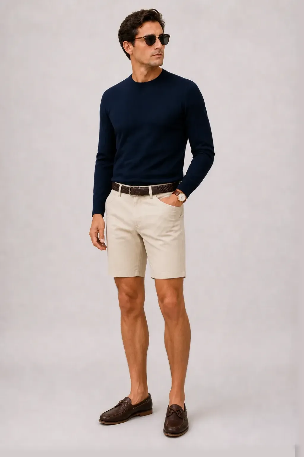 T-Shirt Oliv, dazu Chino-Shorts Beige und Bootsschuh — Crewneck-Pullover Feinstrick Navy