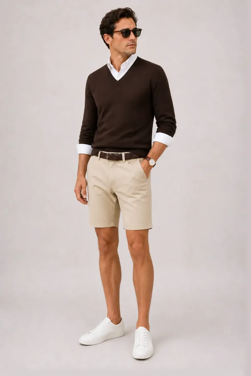V-Neck-Pullover Feinstrick Schokobraun über Button-Down-Hemd, dazu Chino-Shorts Beige und Bootsschuh