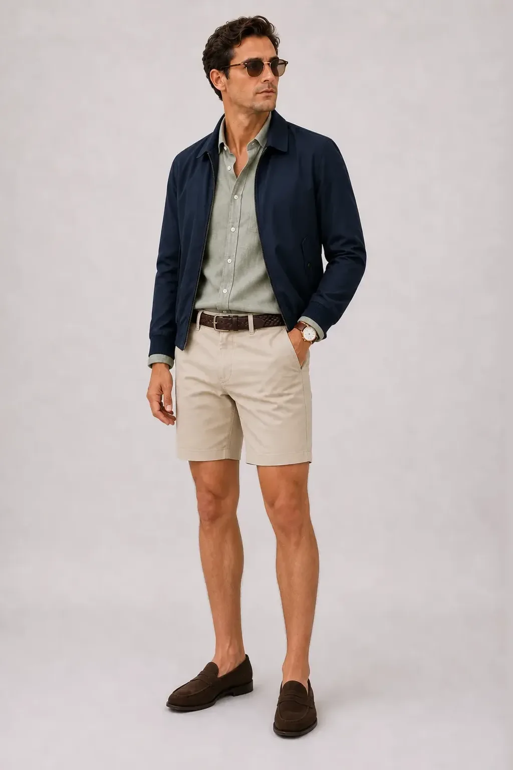 Harrington Blouson Navy über Leinenhemd, dazu Chino-Shorts Beige und Penny Loafer Wildleder