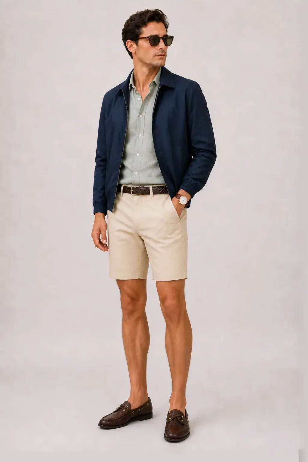 Harrington Blouson Navy über Leinenhemd, dazu Chino-Shorts Beige und Penny Loafer Wildleder