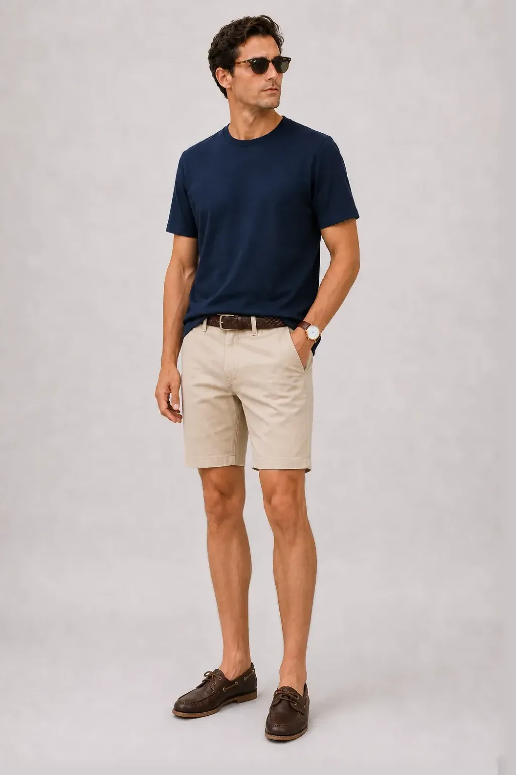 T-Shirt Navy, dazu Chino-Shorts Beige und Bootsschuh