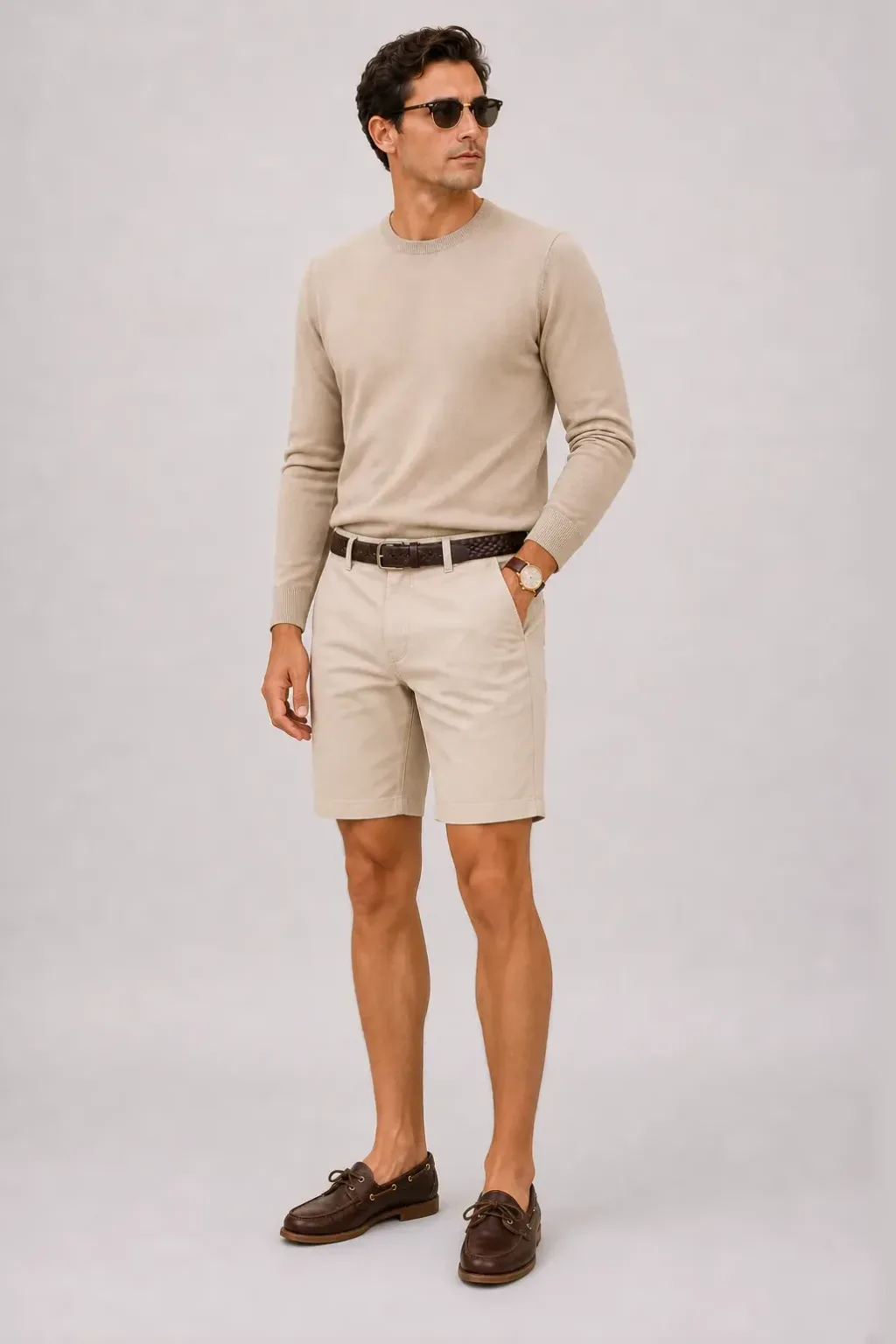 Crewneck-Pullover Feinstrick Beige, dazu Chino-Shorts Beige und Bootsschuh