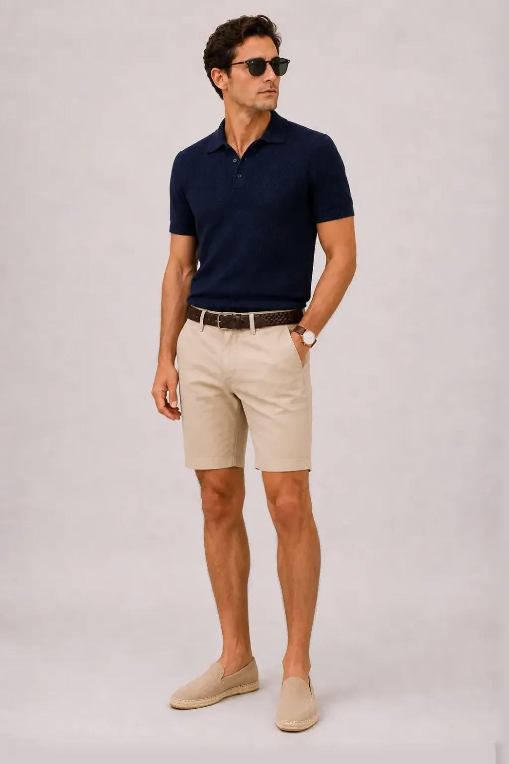Strickpolo Navy, dazu Chino-Shorts Beige und Espadrille