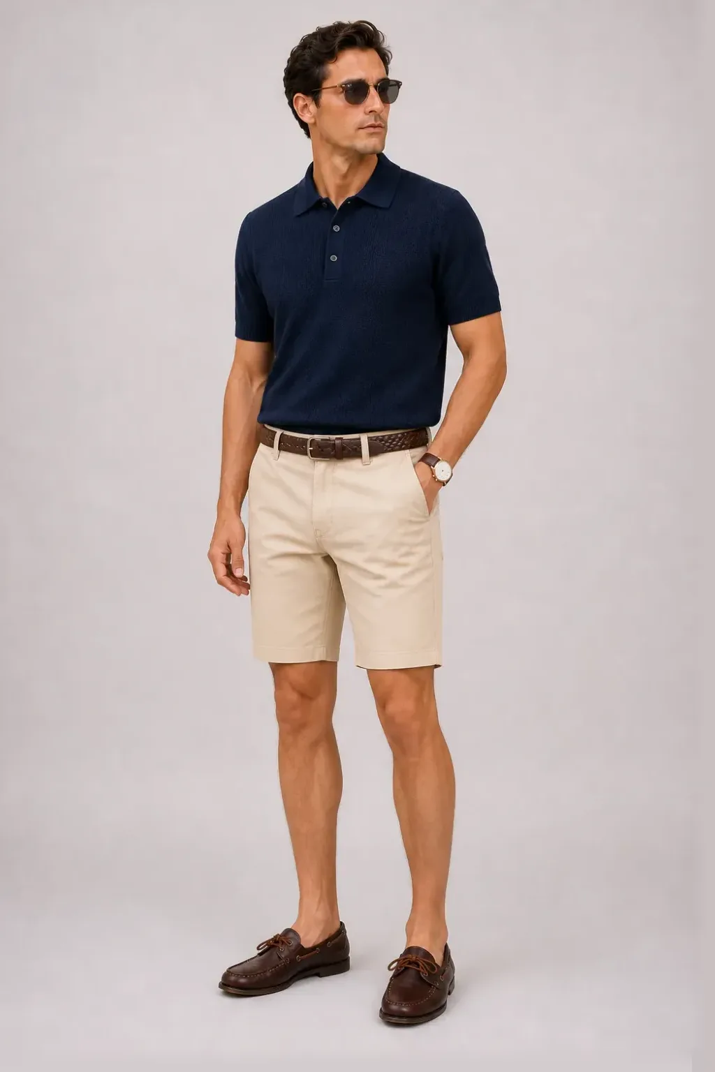 Strickpolo Navy, dazu Chino-Shorts Beige und Espadrille — Bootsschuh Dunkelbraun
