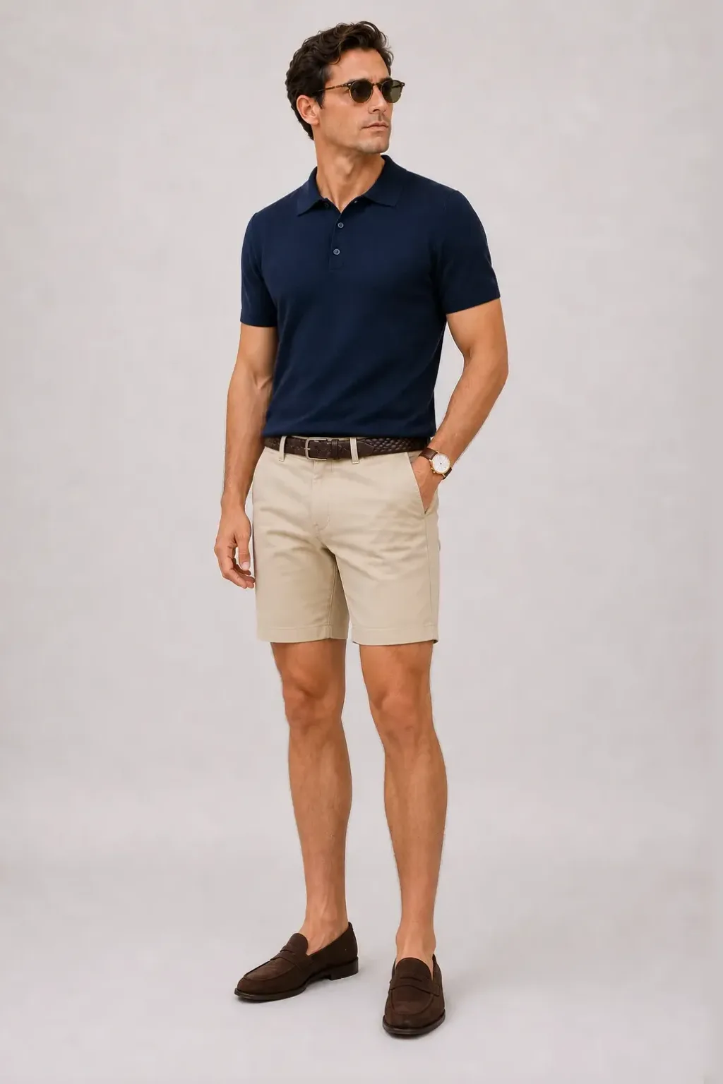 Strickpolo Navy, dazu Chino-Shorts Beige und Espadrille — Penny Loafer Wildleder Dunkelbraun