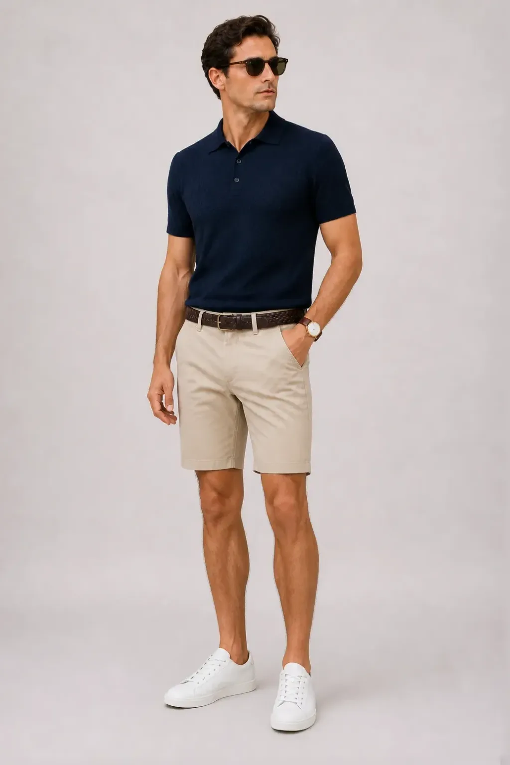 Strickpolo Navy, dazu Chino-Shorts Beige und Espadrille — Sneaker Weiss