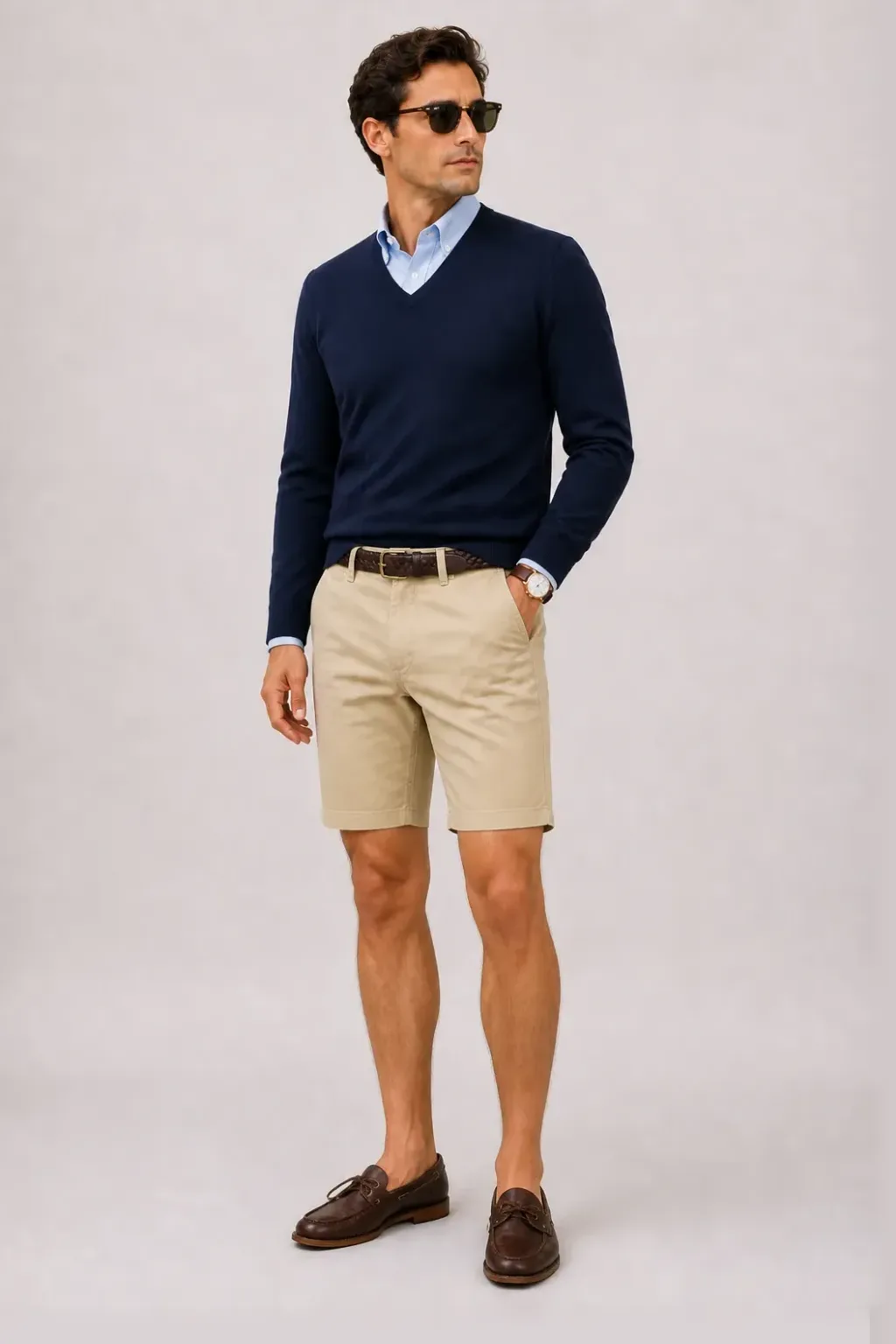 V-Neck-Pullover Feinstrick Navy über Button-Down-Hemd, dazu Chino-Shorts Beige und Bootsschuh