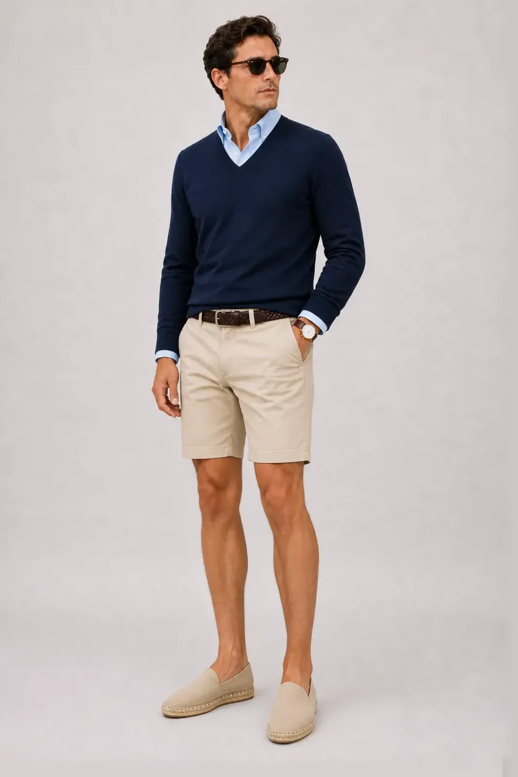 V-Neck-Pullover Feinstrick Navy über Button-Down-Hemd, dazu Chino-Shorts Beige und Bootsschuh — Espadrille Beige
