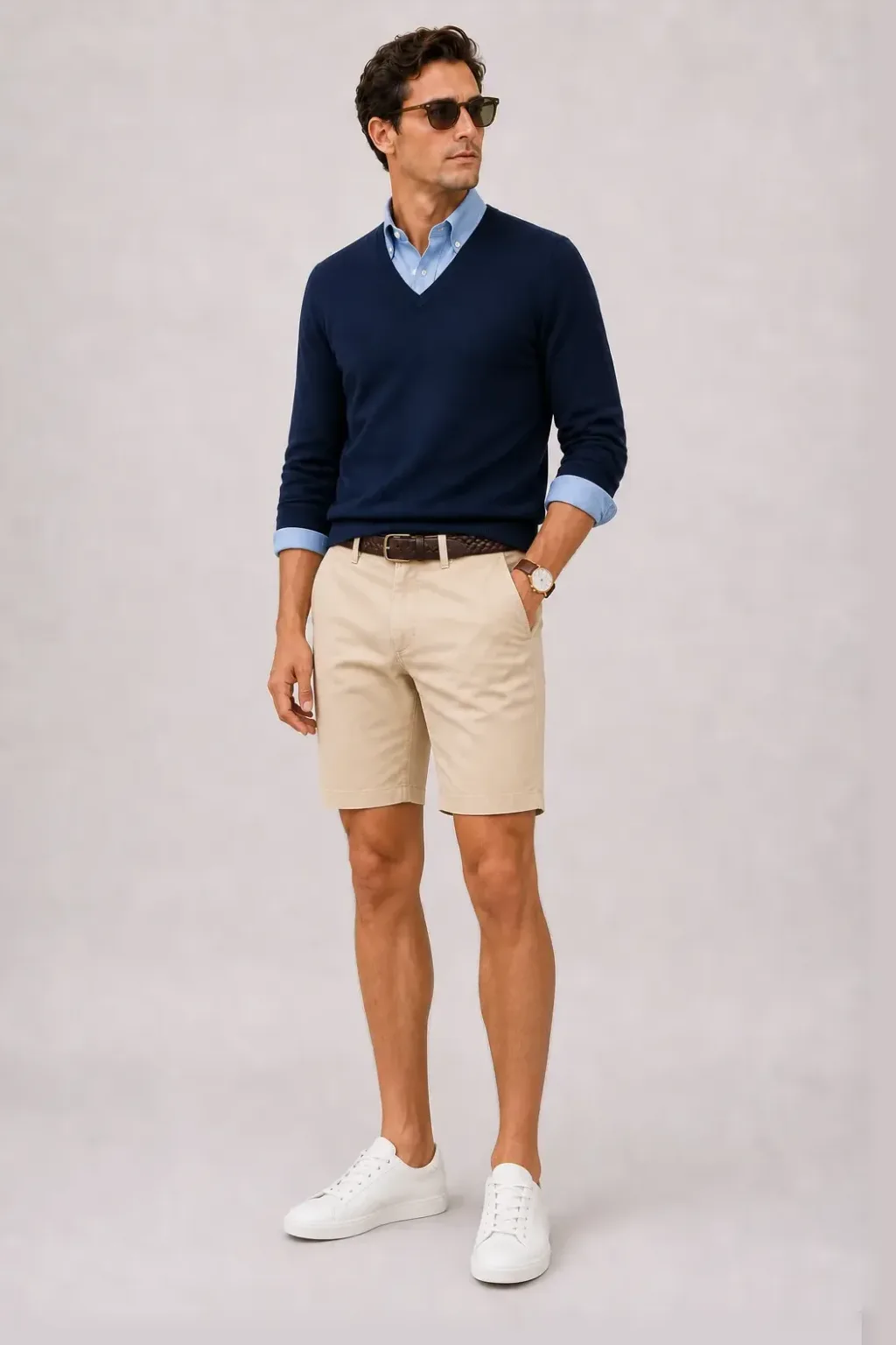V-Neck-Pullover Feinstrick Navy über Button-Down-Hemd, dazu Chino-Shorts Beige und Bootsschuh — Sneaker Weiss