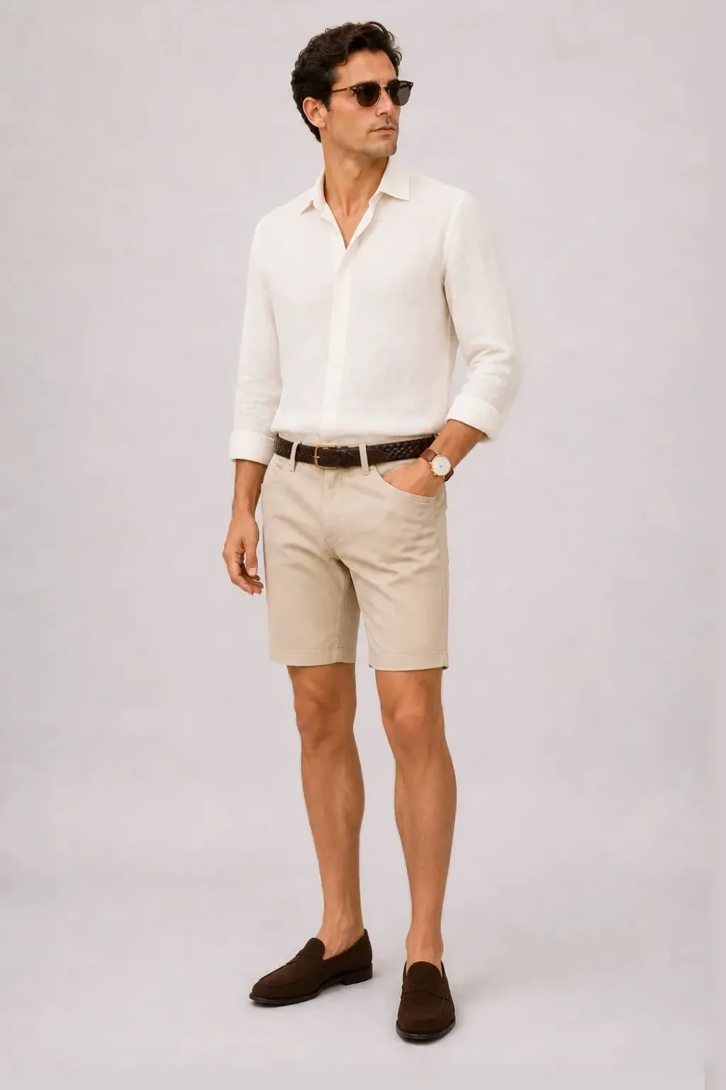 Leinenhemd Off-White, dazu Chino-Shorts Beige und Penny Loafer Wildleder