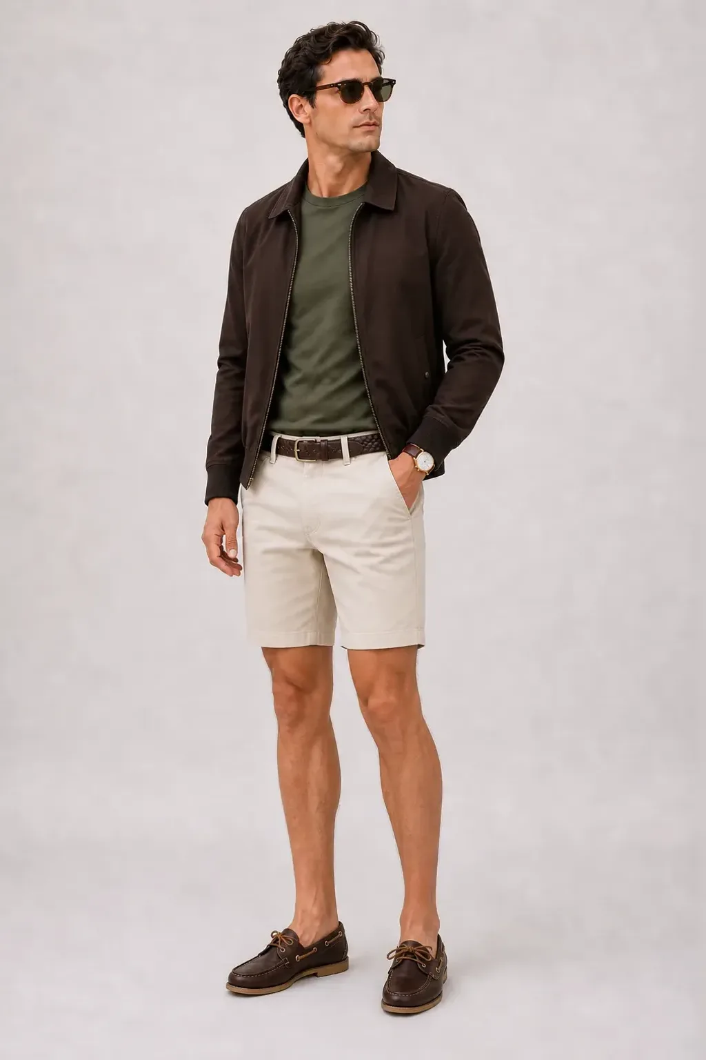 Harrington Blouson Dunkelbraun über T-Shirt Oliv, dazu Chino-Shorts Beige und Bootsschuh