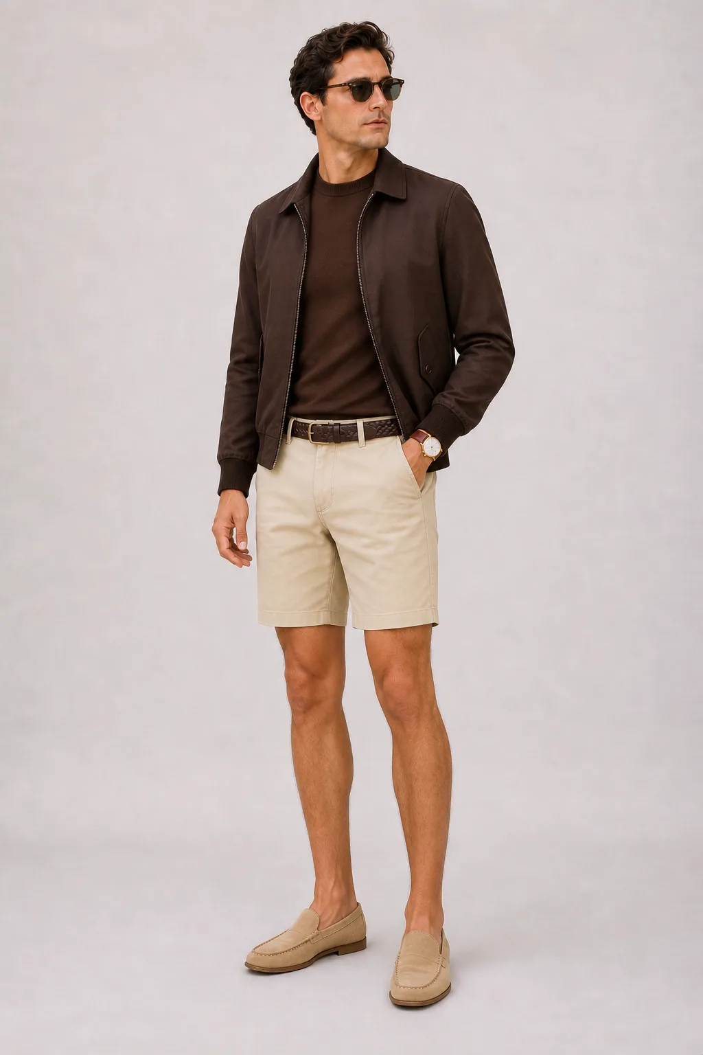 Harrington Blouson Dunkelbraun über Crewneck-Pullover Feinstrick, dazu Chino-Shorts Beige und Mokassin