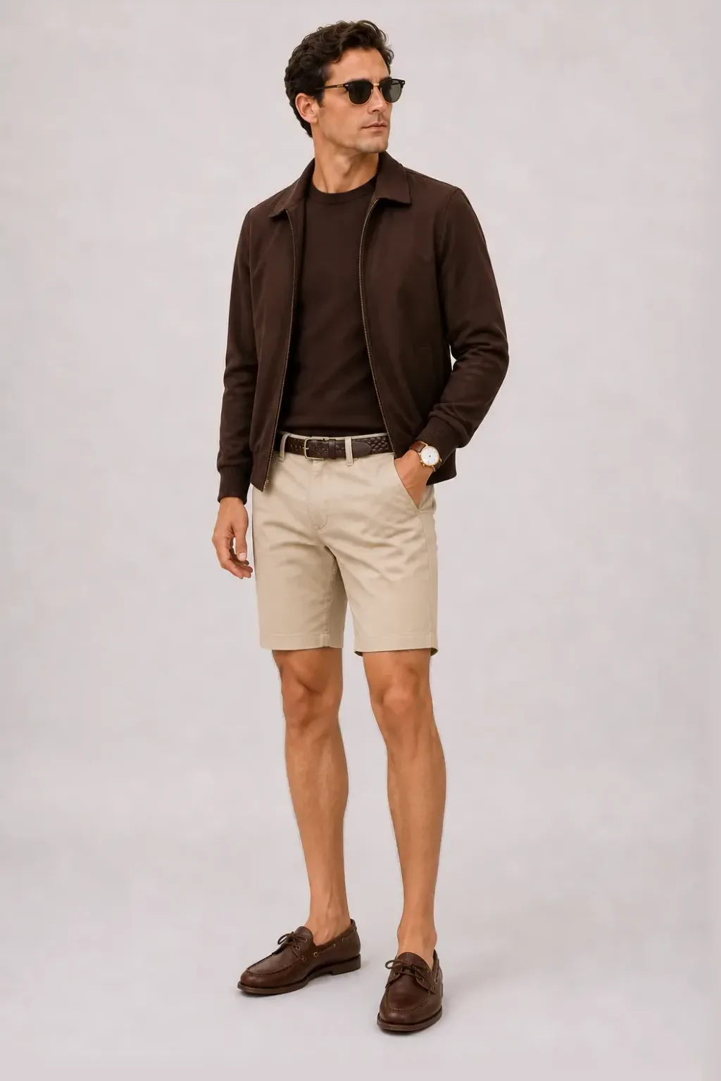 Harrington Blouson Dunkelbraun über Crewneck-Pullover Feinstrick, dazu Chino-Shorts Beige und Mokassin — Bootsschuh Dunkelbraun