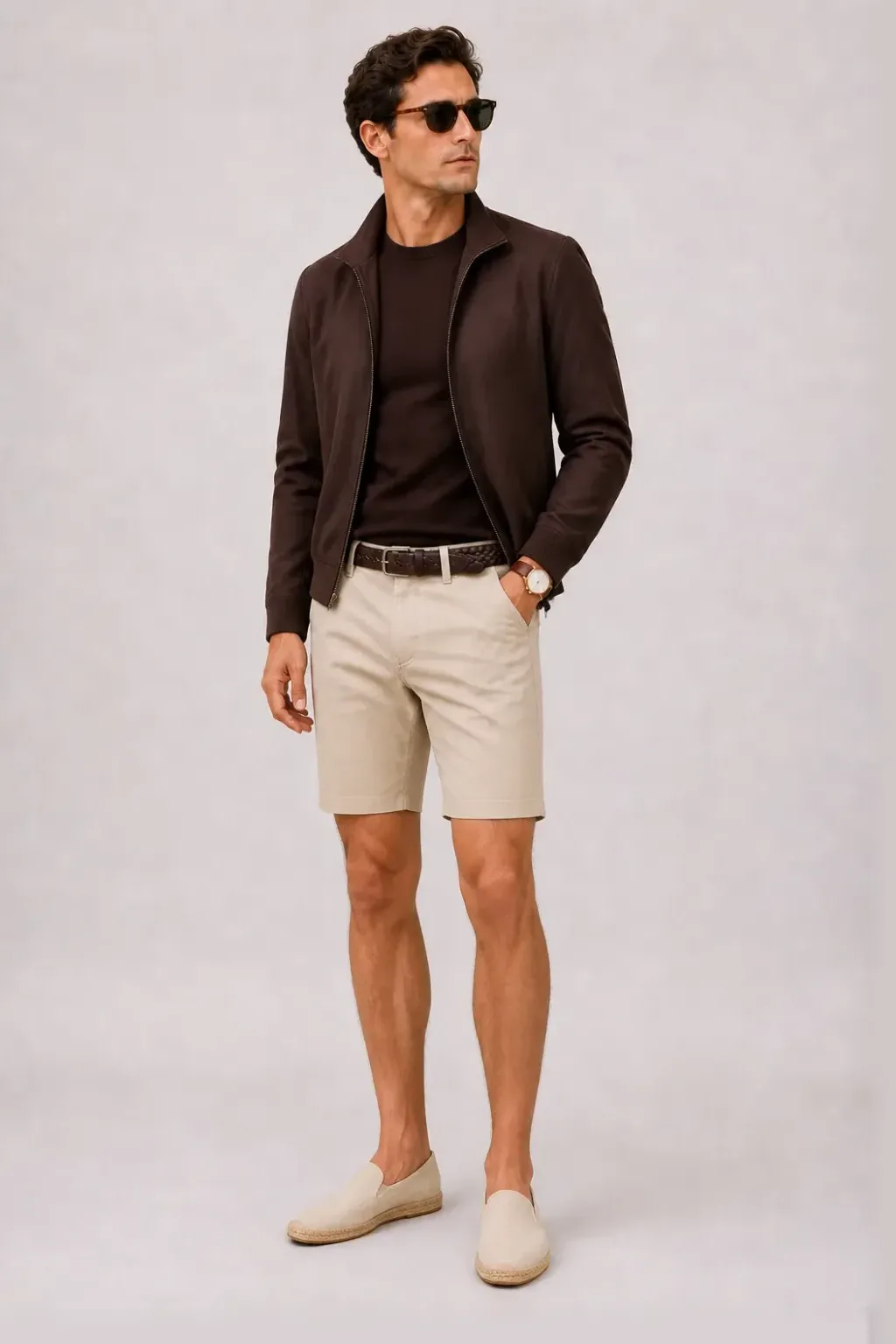Harrington Blouson Dunkelbraun über Crewneck-Pullover Feinstrick, dazu Chino-Shorts Beige und Mokassin — Espadrille Beige