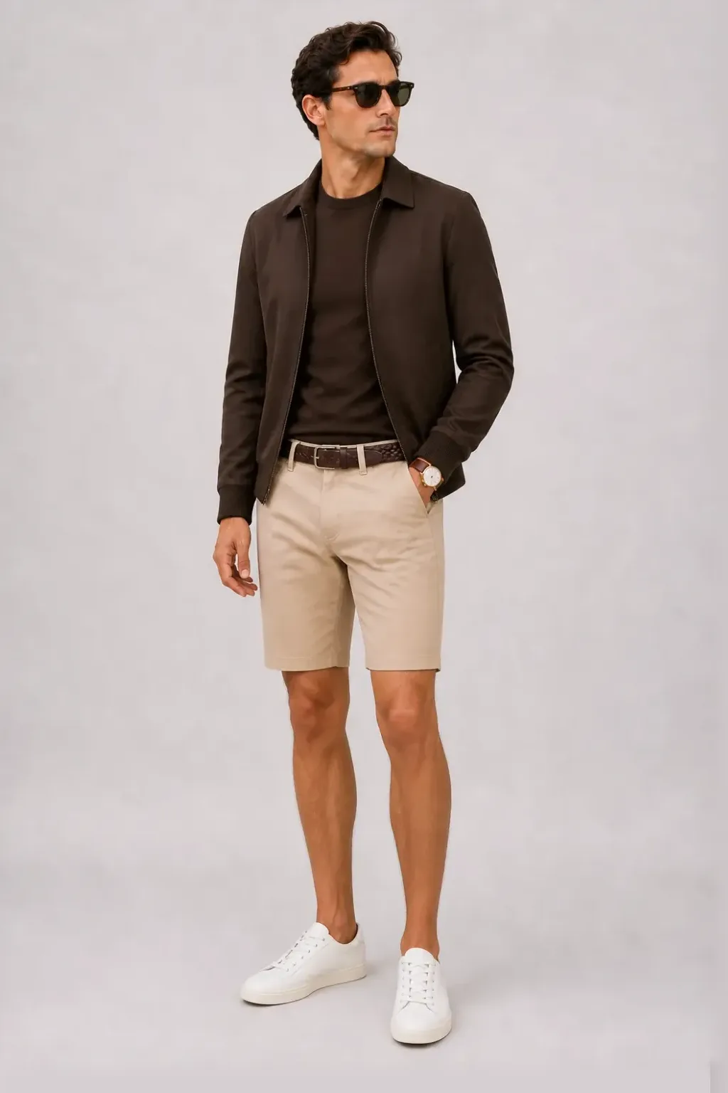 Harrington Blouson Dunkelbraun über Crewneck-Pullover Feinstrick, dazu Chino-Shorts Beige und Mokassin — Sneaker Weiss