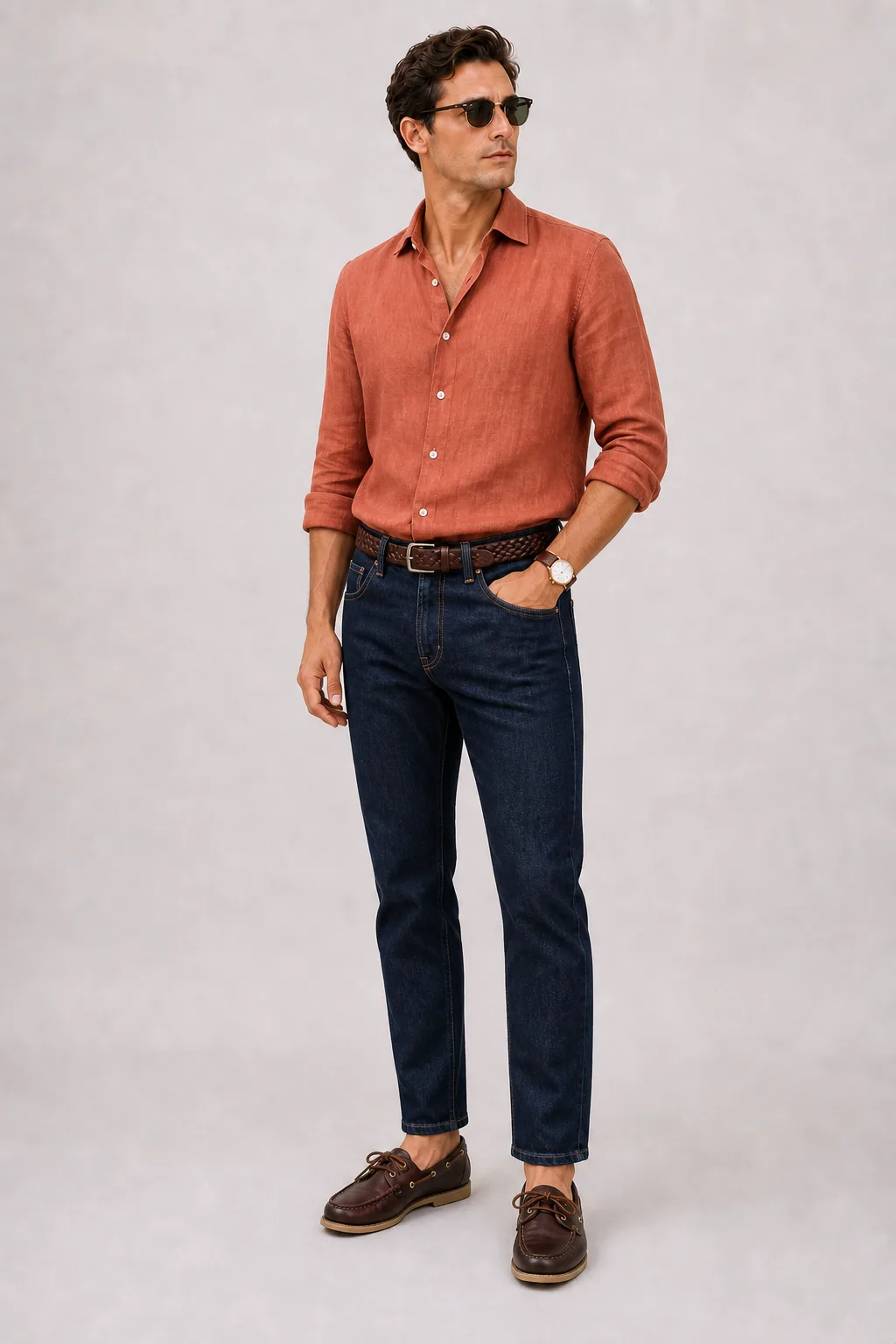 Leinenhemd Terrakotta, dazu Jeans Navy und Bootsschuh