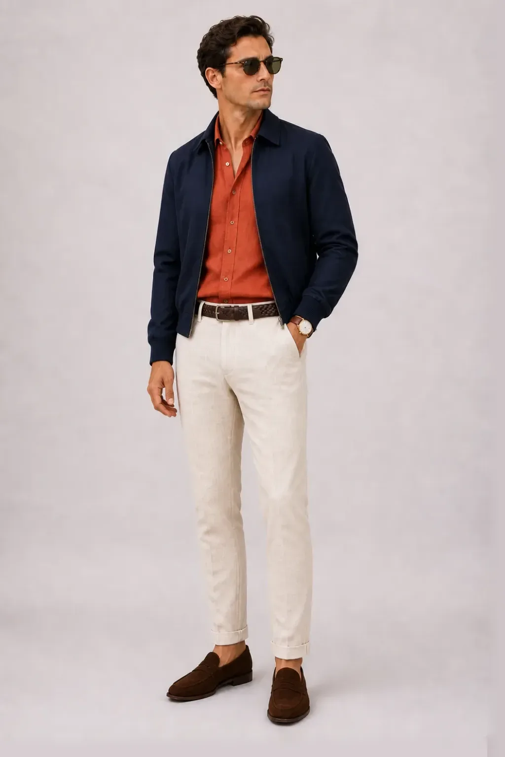 Harrington Blouson Navy über Leinenhemd, dazu Leinenhose Creme und Penny Loafer Wildleder