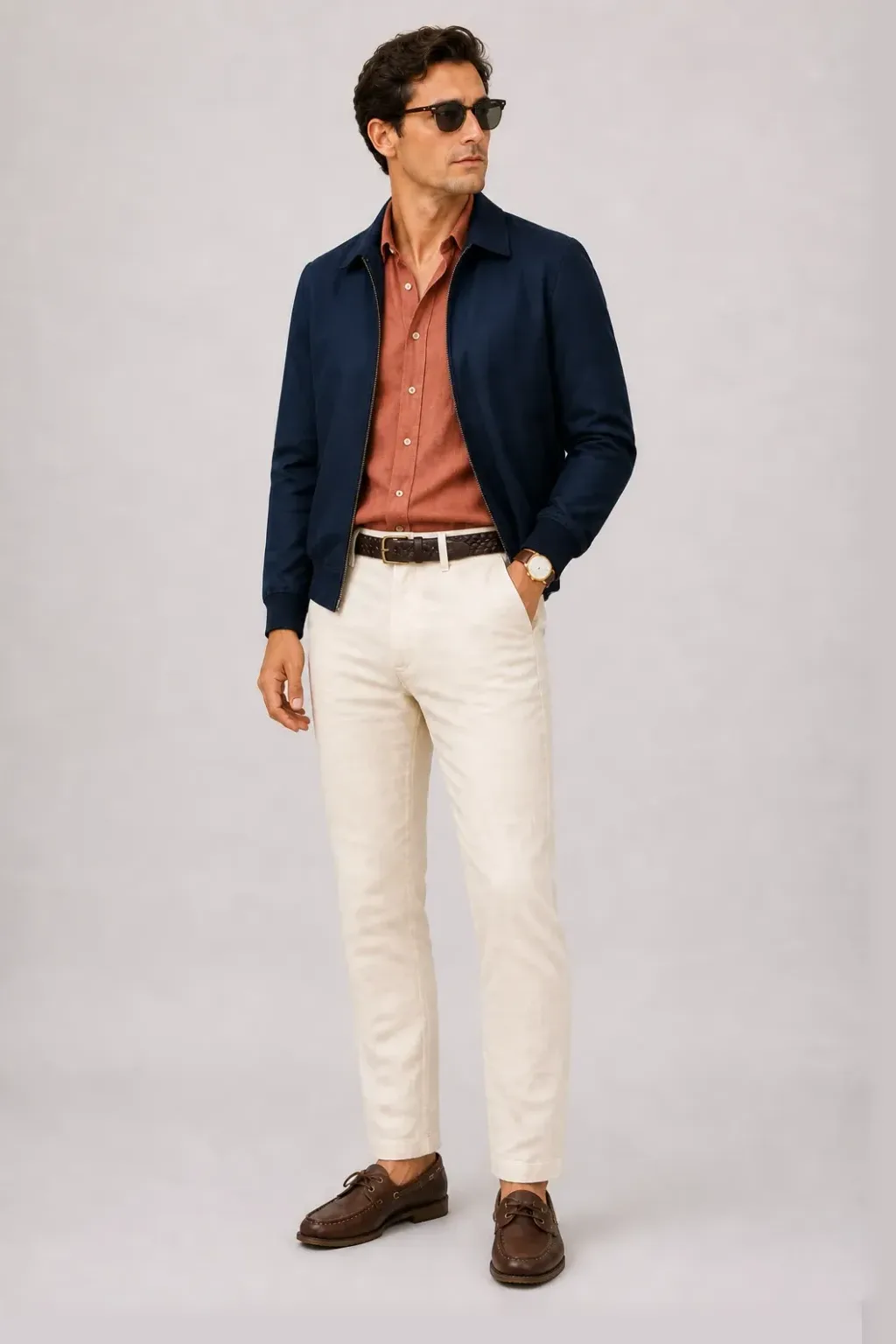 Harrington Blouson Navy über Leinenhemd, dazu Leinenhose Creme und Penny Loafer Wildleder