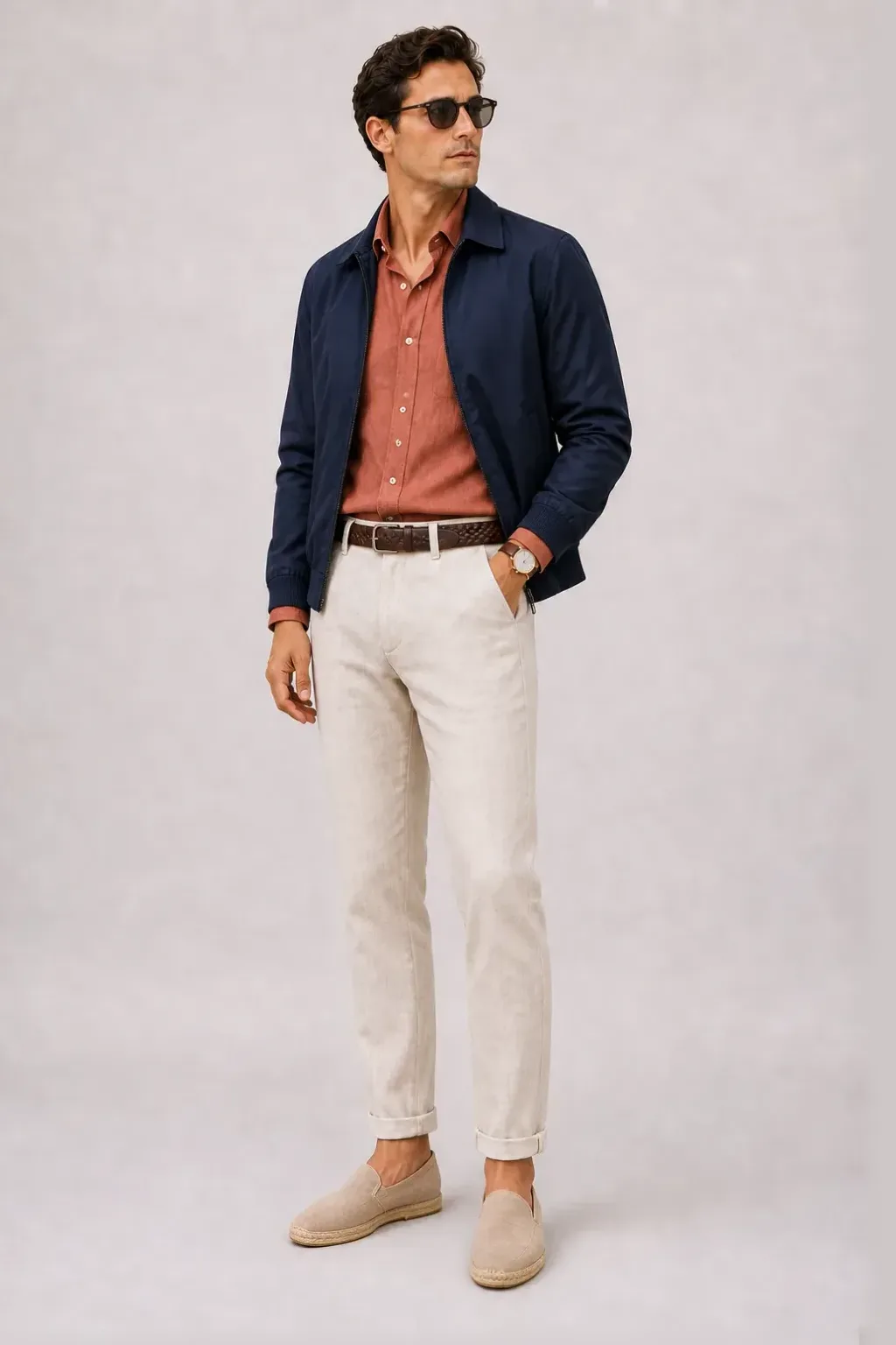 Harrington Blouson Navy über Leinenhemd, dazu Leinenhose Creme und Penny Loafer Wildleder — Espadrille Beige