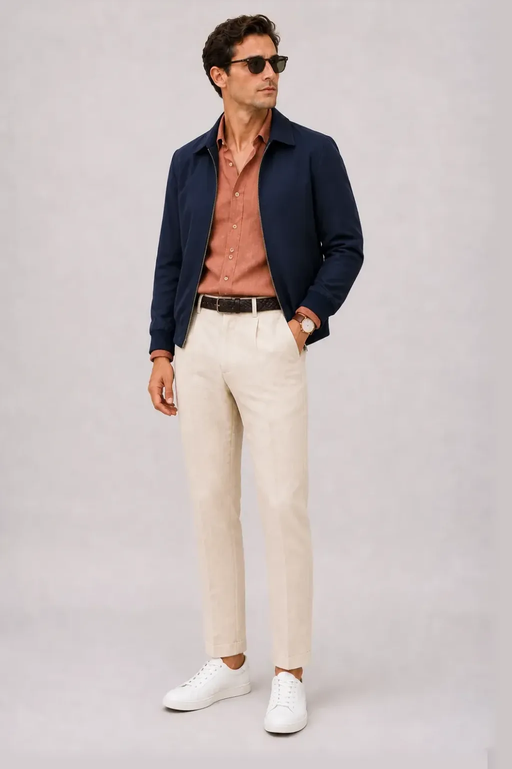Harrington Blouson Navy über Leinenhemd, dazu Leinenhose Creme und Penny Loafer Wildleder — Sneaker Weiss
