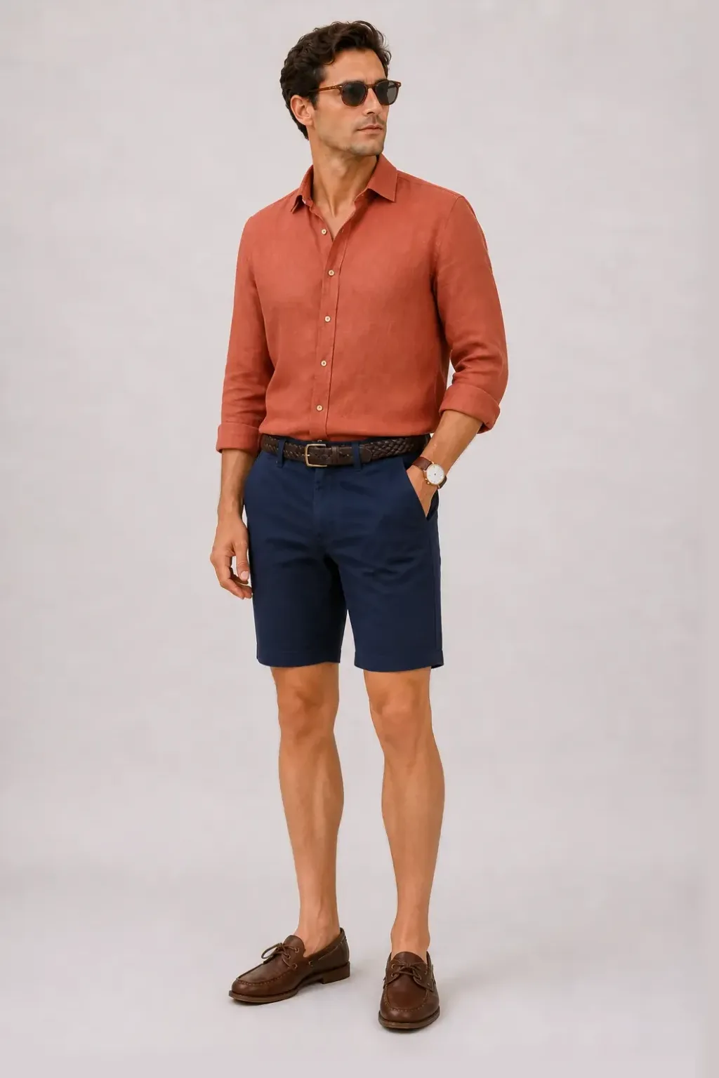 Leinenhemd Terrakotta, dazu Chino-Shorts Navy und Bootsschuh