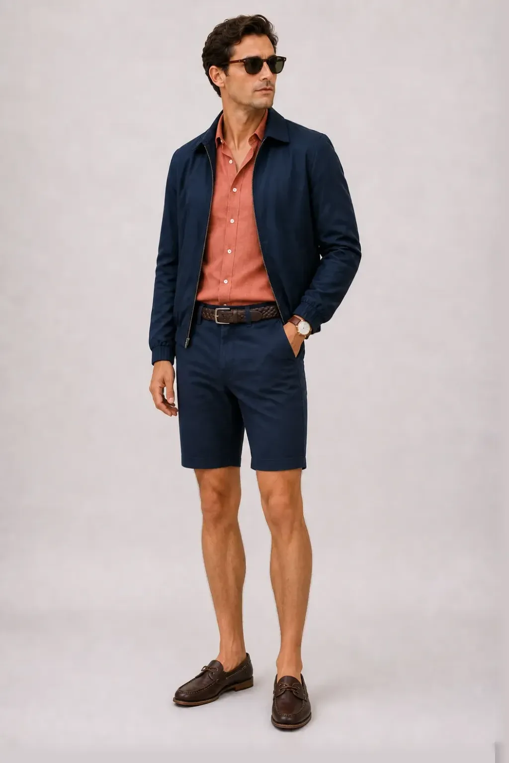 Harrington Blouson Navy über Button-Down-Hemd, dazu Chino-Shorts Navy und Bootsschuh — Leinenhemd Terrakotta