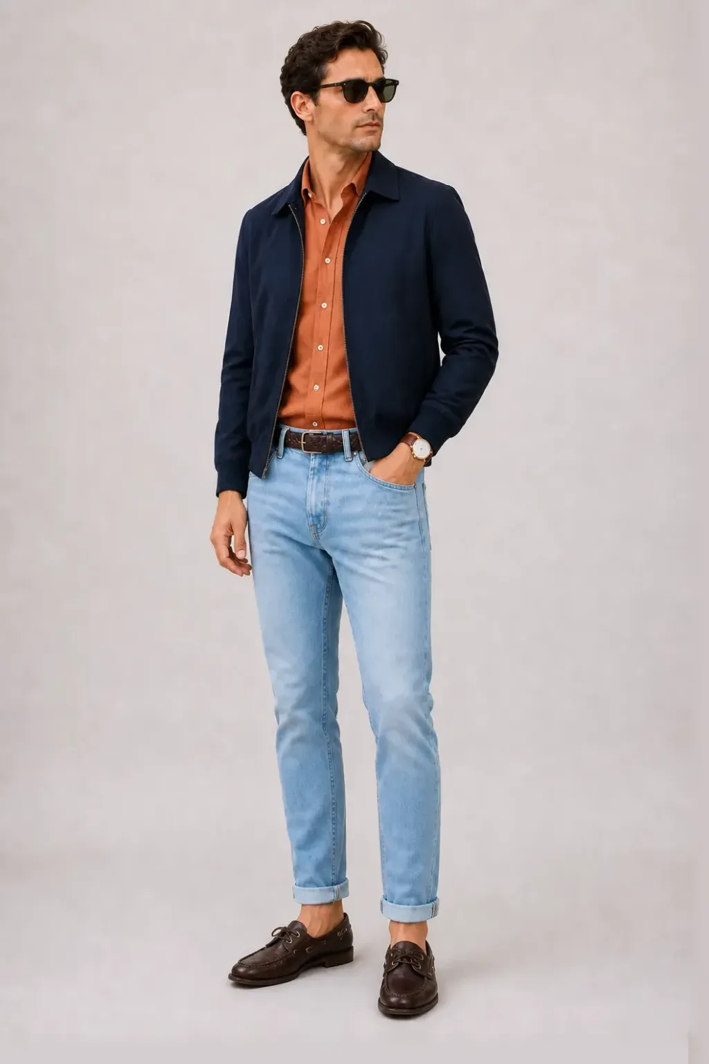 Harrington Blouson Navy über Leinenhemd Terrakotta, dazu Jeans Hellblau und Bootsschuh
