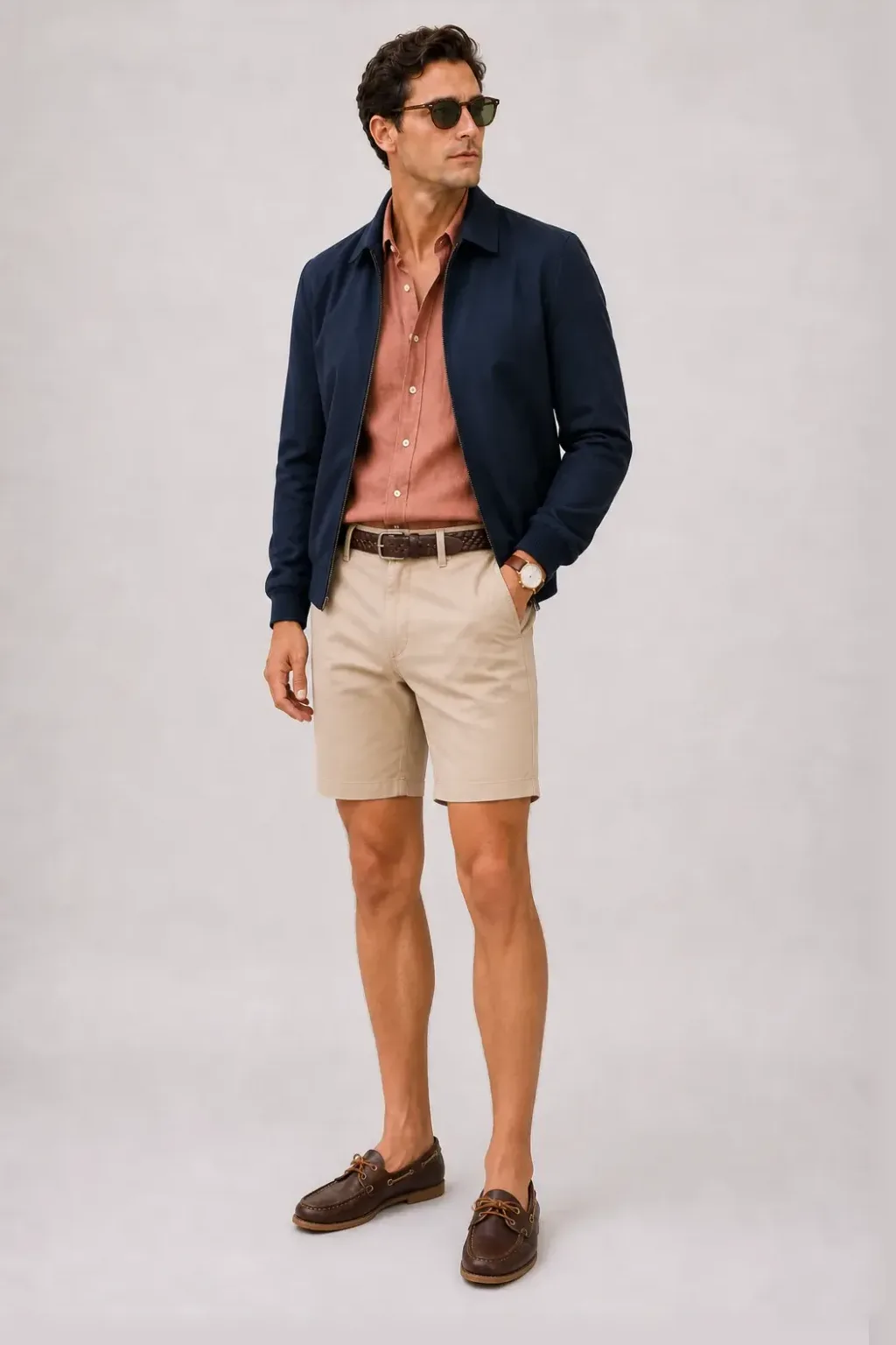Harrington Blouson Navy über Leinenhemd, dazu Chino-Shorts Beige und Bootsschuh