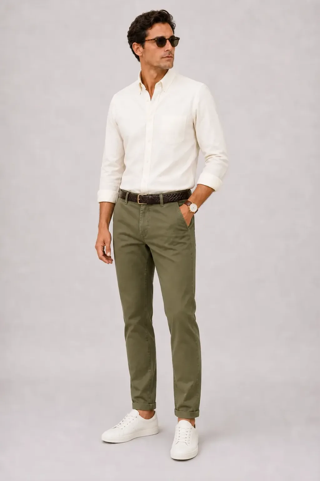 Button-Down-Hemd Ecru, dazu Chino Oliv und Sneaker