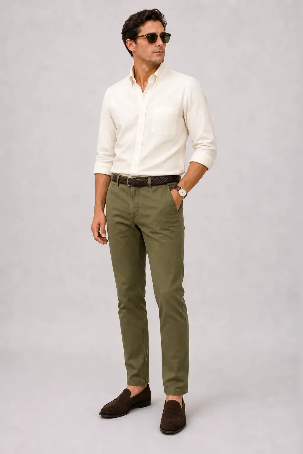 Button-Down-Hemd Ecru, dazu Chino Oliv und Sneaker