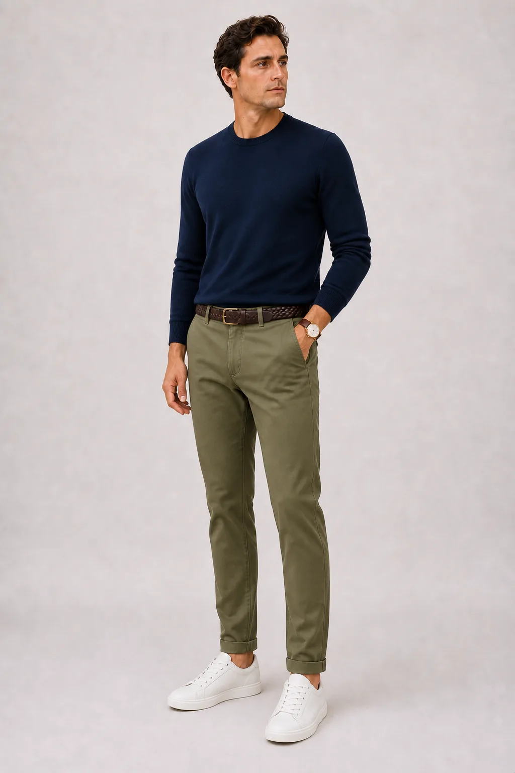 Crewneck-Pullover Feinstrick Navy, dazu Chino Oliv und Sneaker