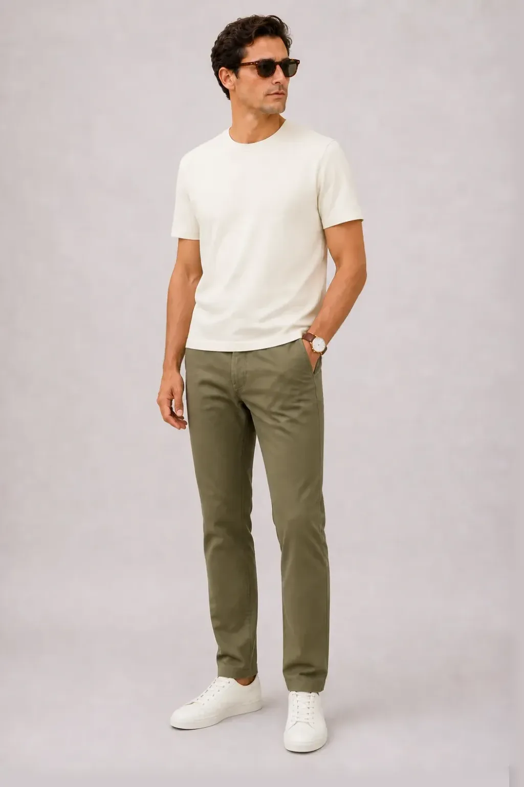 T-Shirt Ecru, dazu Chino Oliv und Sneaker